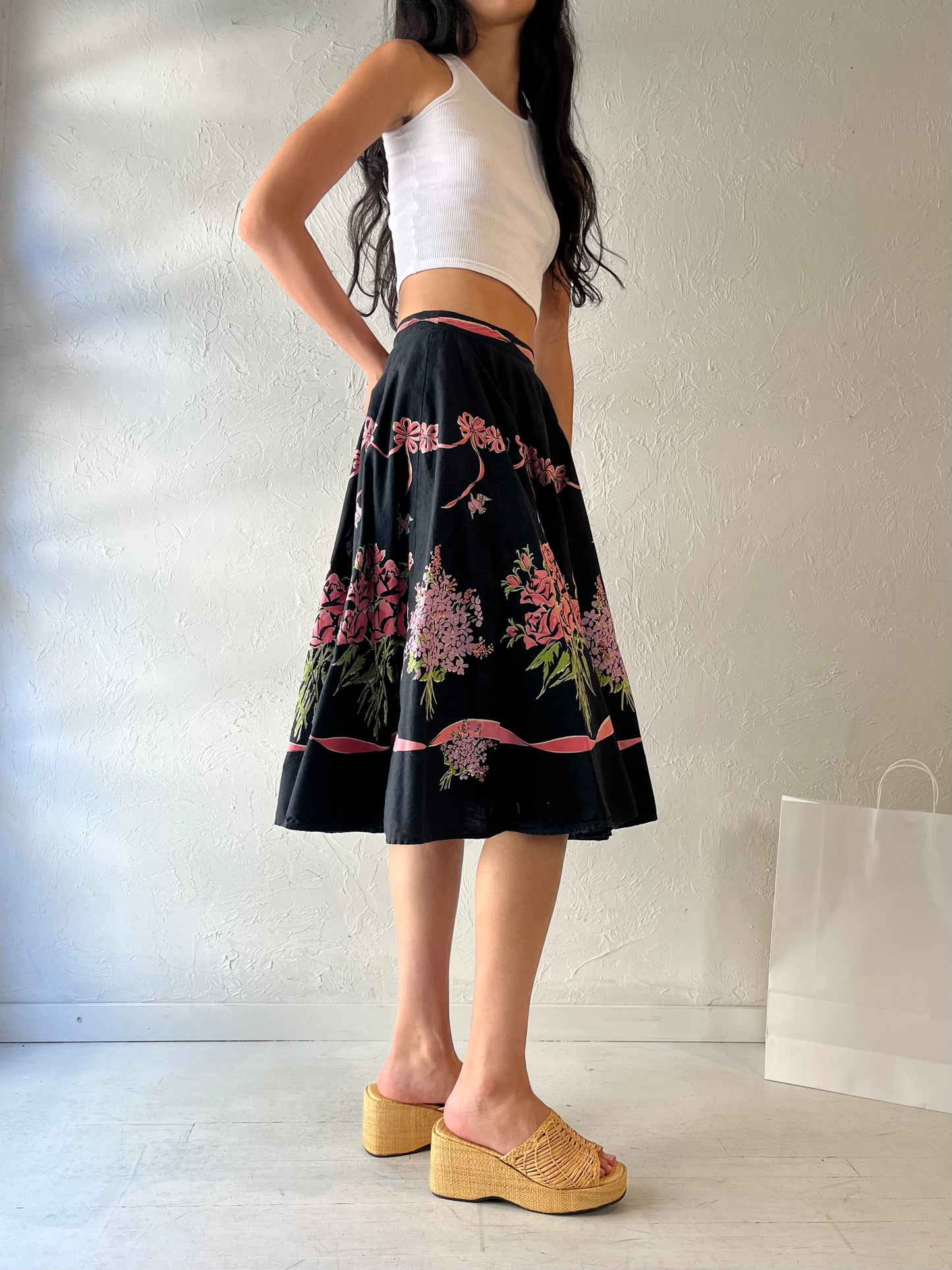 Vintage Handmade Black Bow Midi Skirt / Small