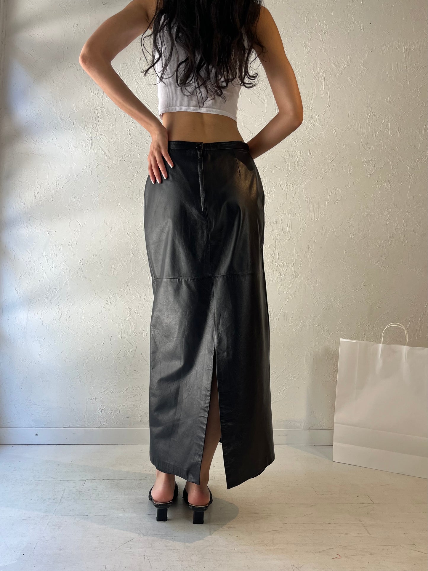 90s 'Danier' Long Black Leather Pencil Skirt / Small - Medium