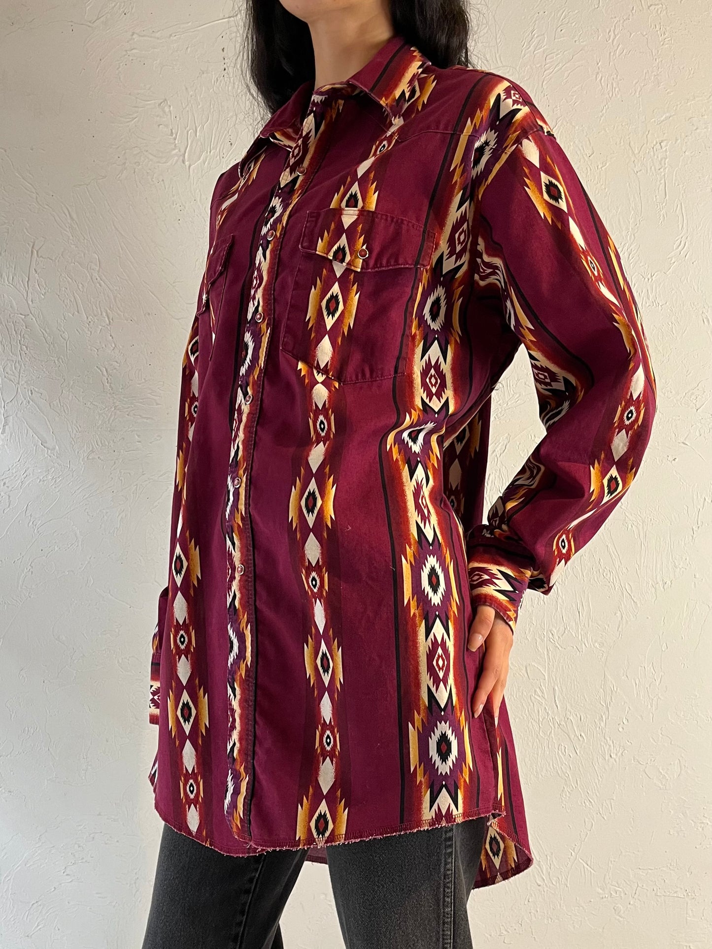 90s ‘Wrangler’ Burgundy Western Snap Up Shirt / XL