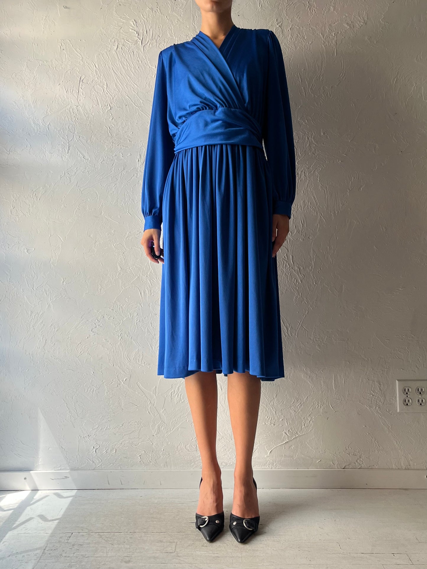 80s 'Matinee' Retro Blue Midi Party Dress / Medium