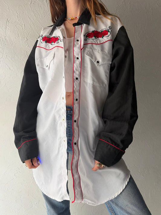 80s 'Mid-West Garments' Two Toned Embroidered Wester Cowboy Workwear Snap Up Shirt / XL