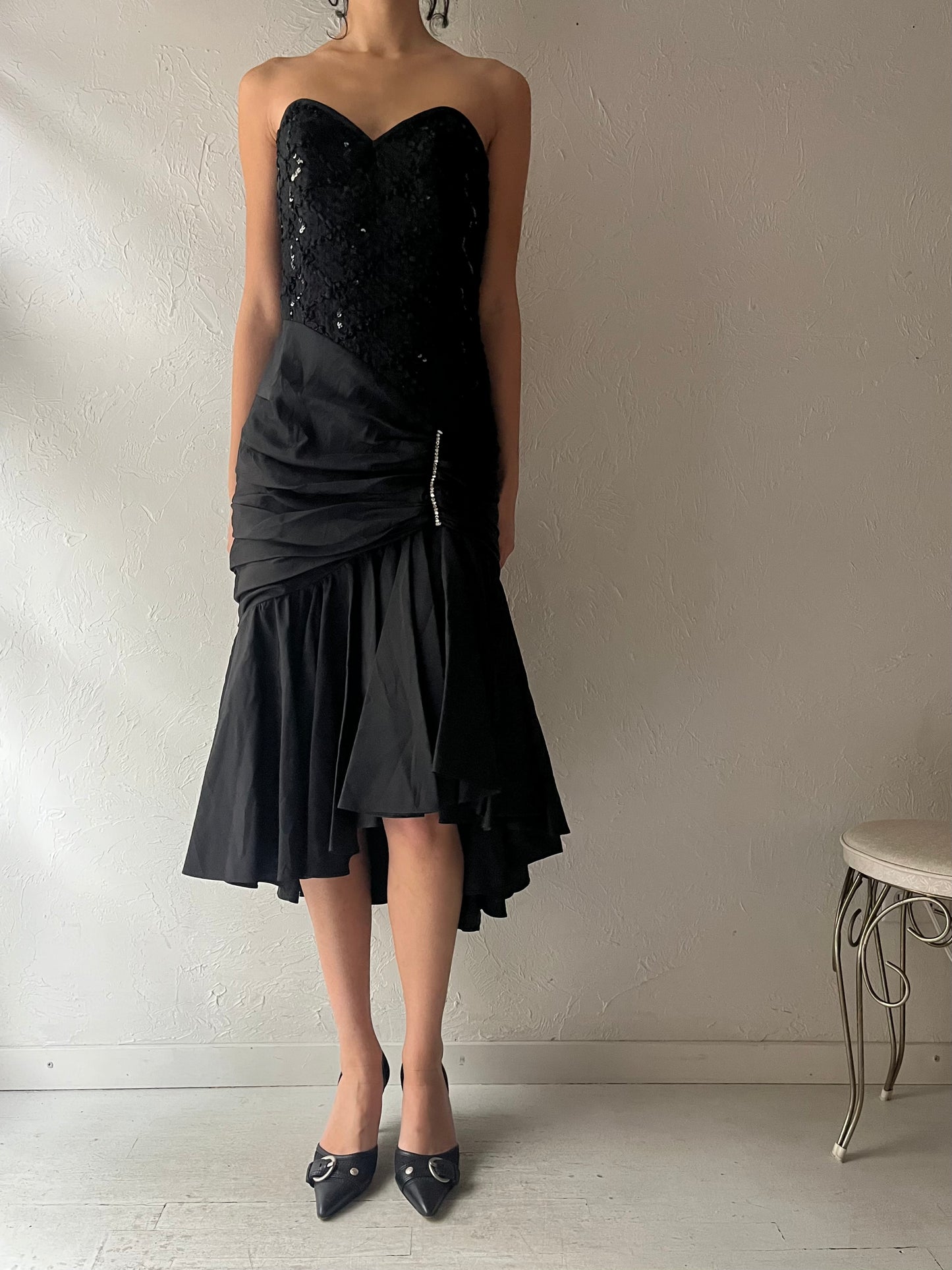 80s 'Lori Anne' Black Strapless Formal Dress / Medium