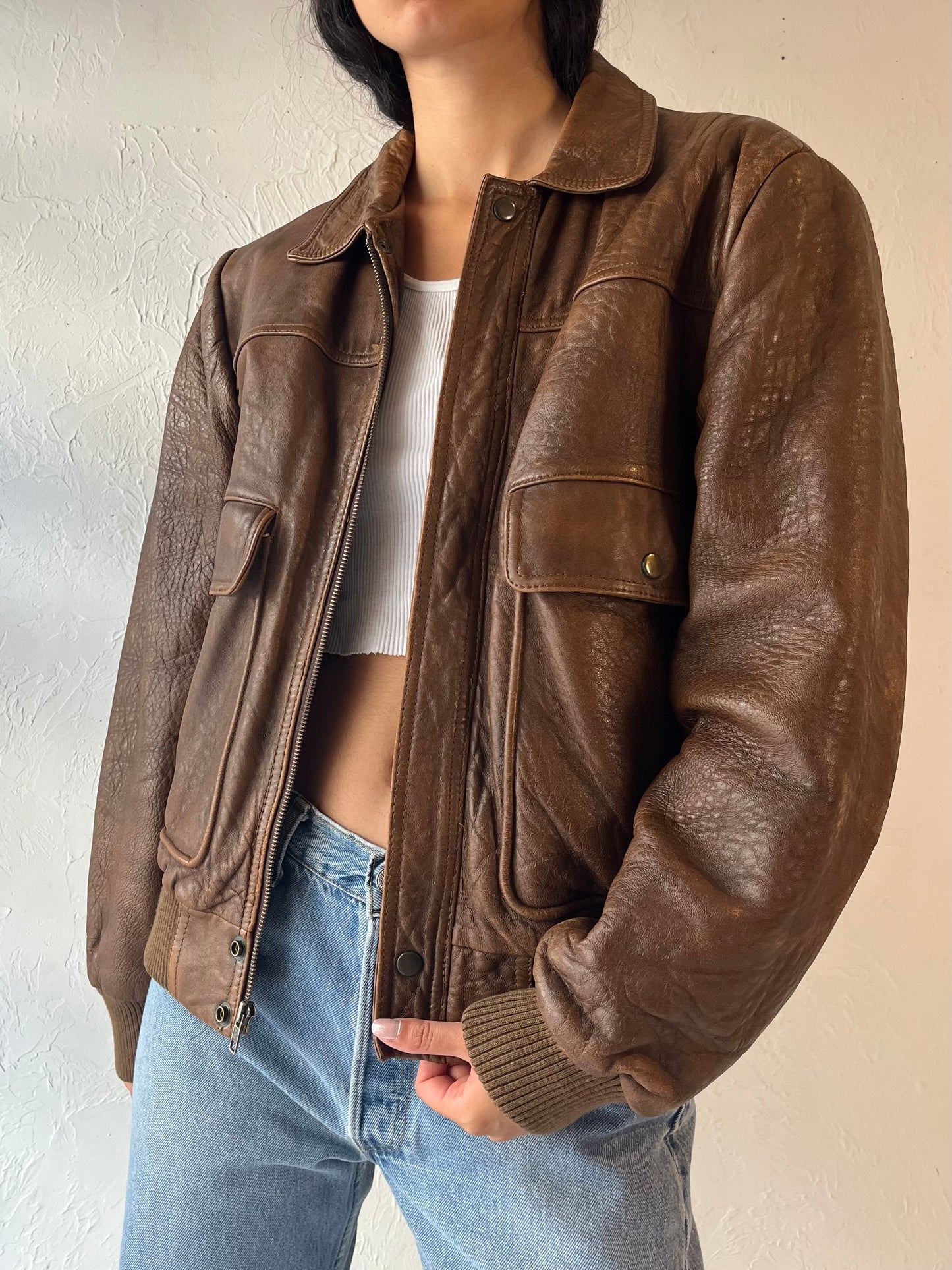 90s 'Wilsons' Brown Leather Bomber Jacket / Medium - Large