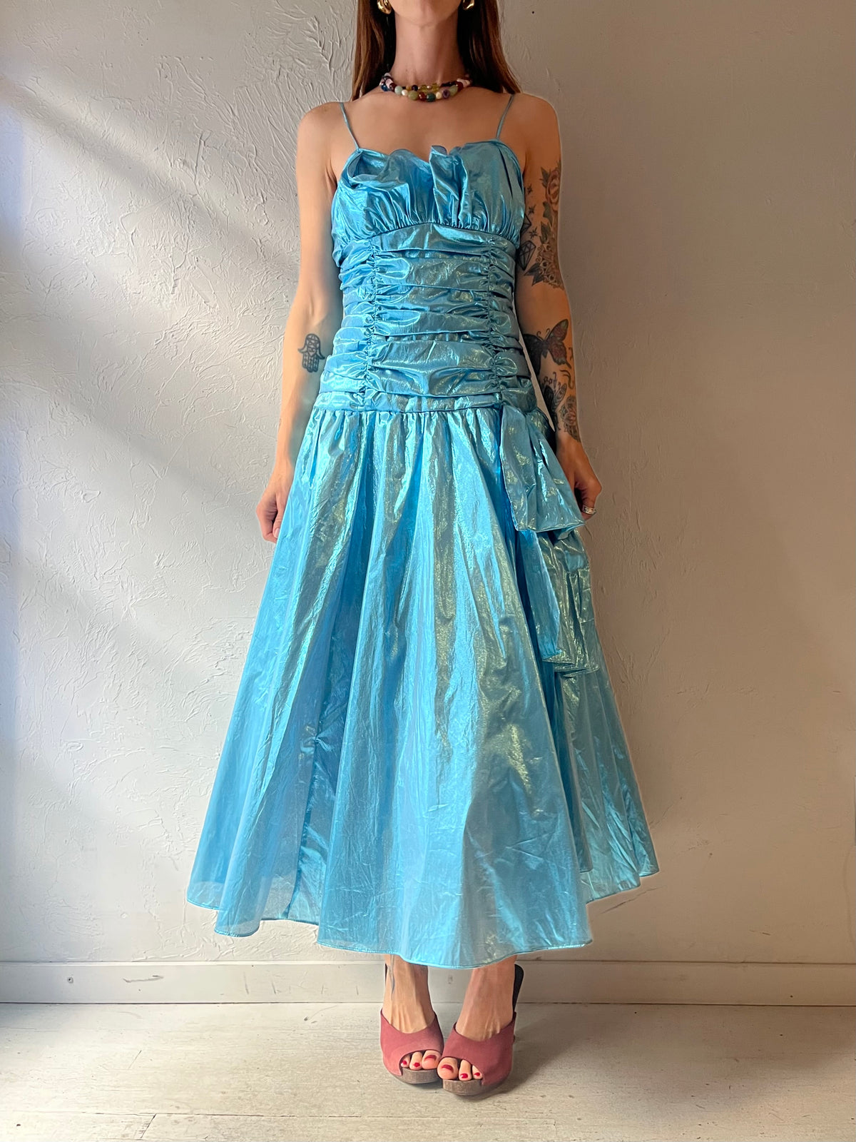 80s 'Candi Jones' Blue Metalic Formal Retro Prom Dress / Medium