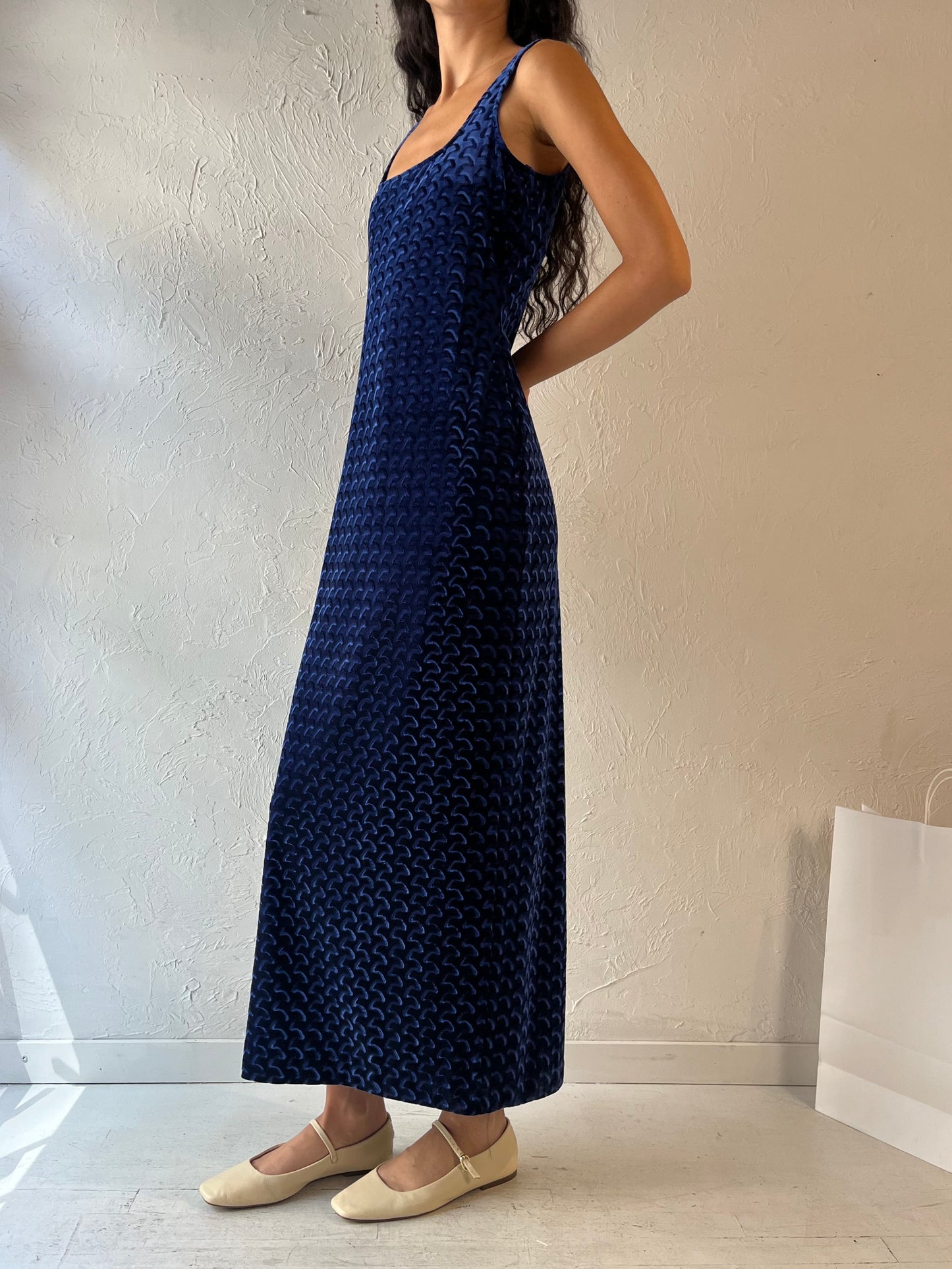 90s 'Algo' Blue Velvet Maxi Dress / Medium