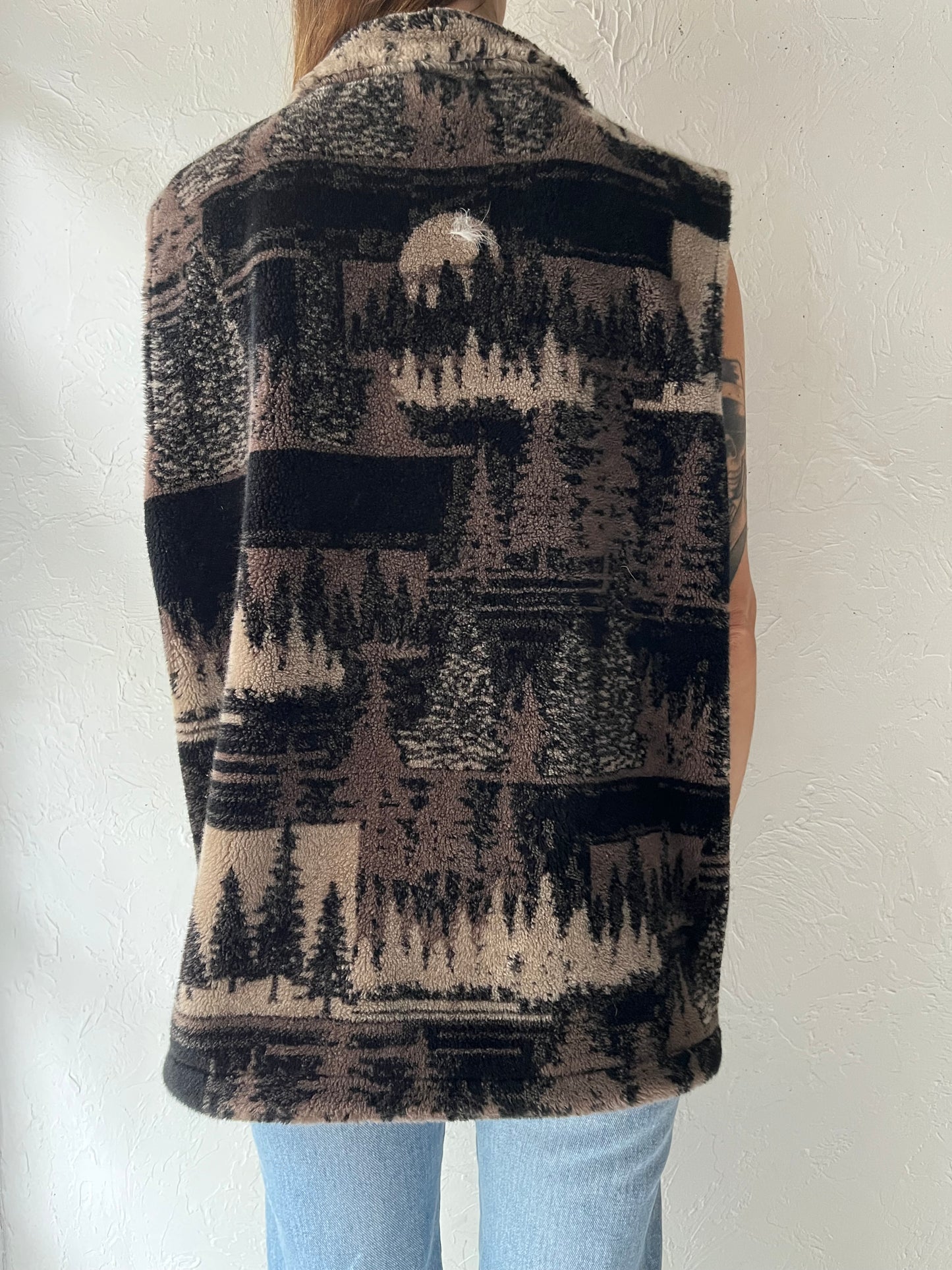 90s 'Any Wear' Fuzzy Fleece Tree Winter Vest / Large