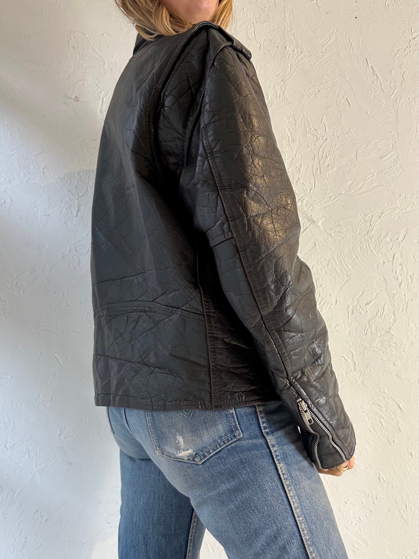 90s ‘First’ Heavy Duty Black Leather Jacket / Large