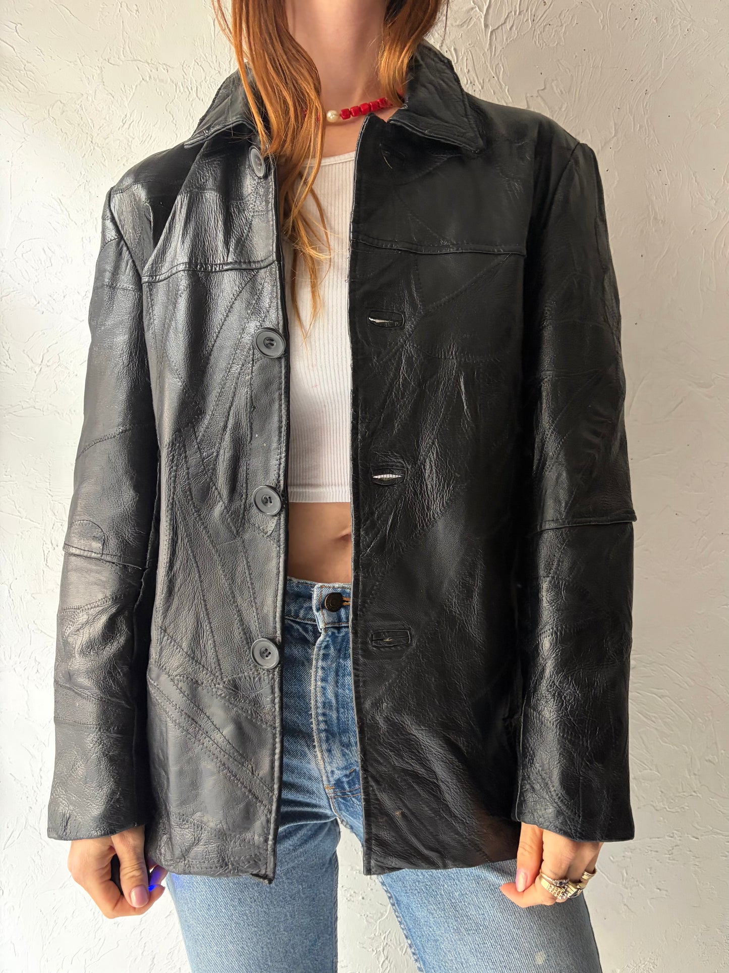 90s 'Leather & Soul' Black Patchwork Leather Jacket / Medium