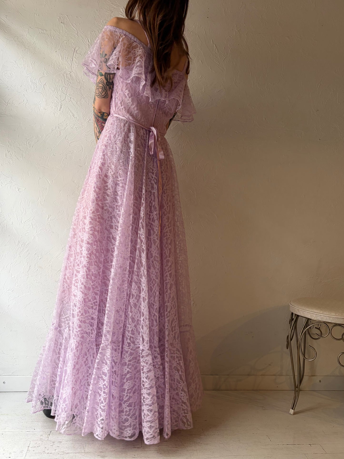 70s 'Impressions' Purple Lace Formal Dress / Union Made / Small