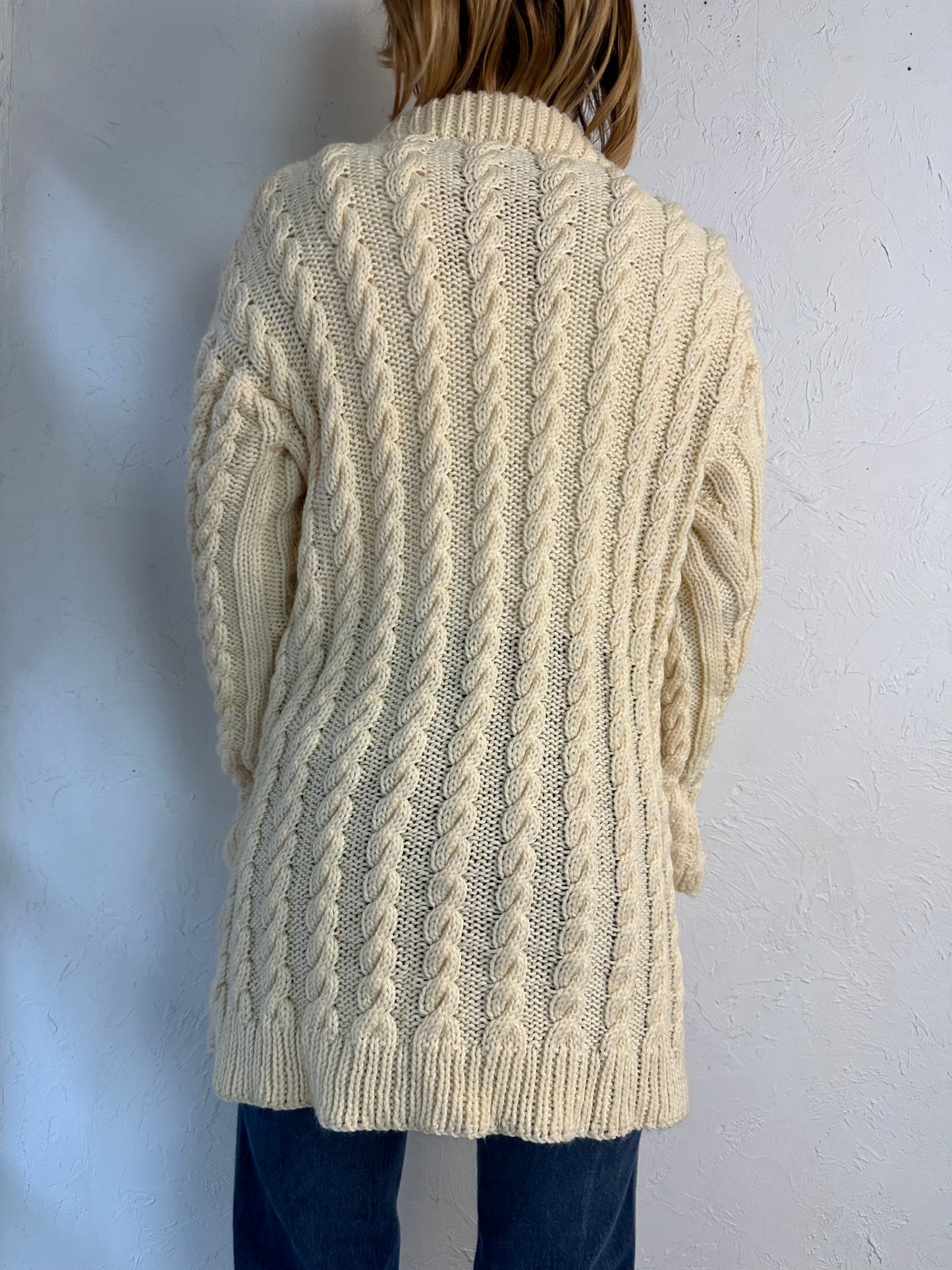 Vintage Hand Knit Cream Cable Knit Mock Neck Sweater / Medium