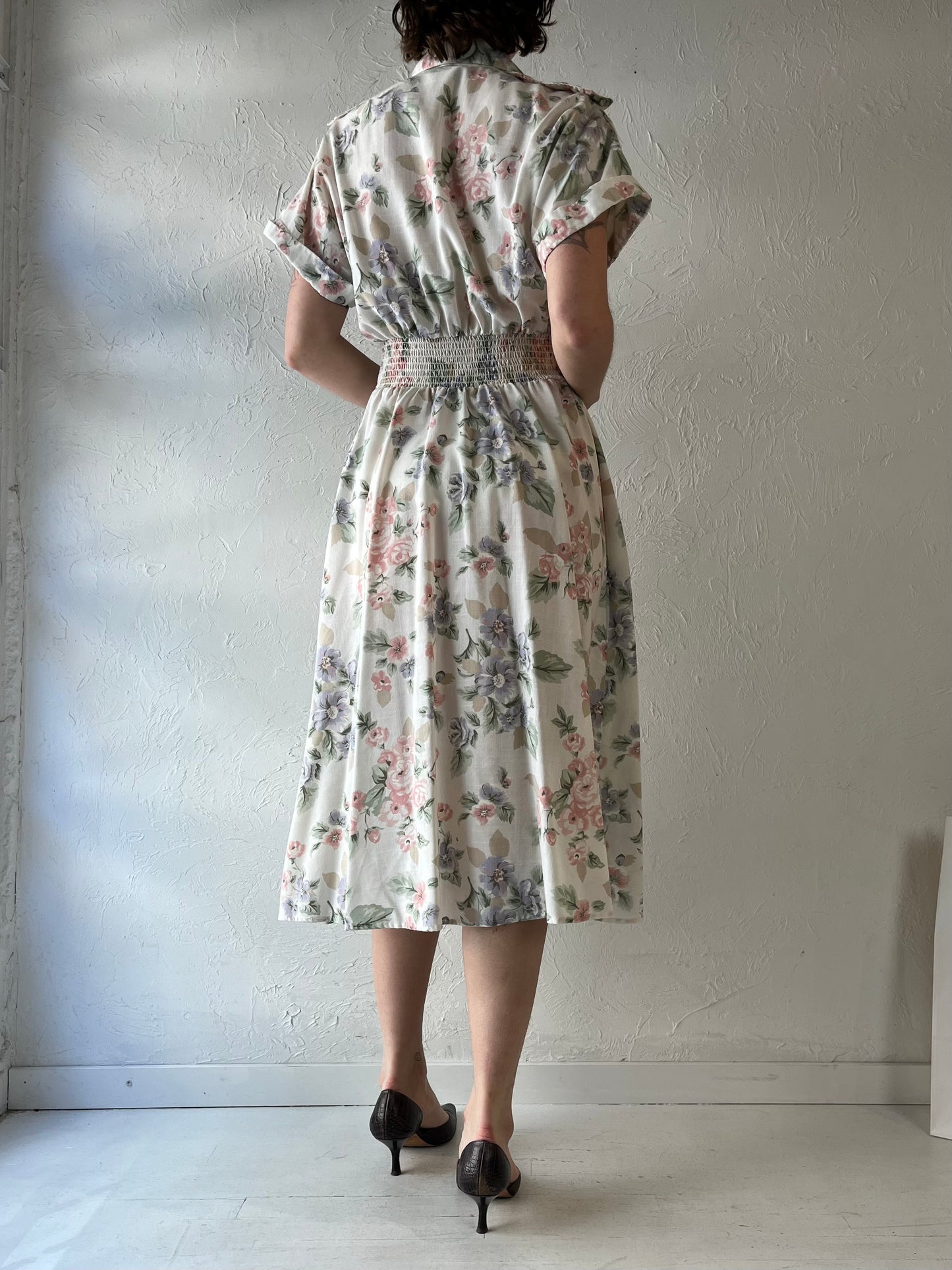 90s 'Stuart Alan' Collared Floral Print Dress / Small