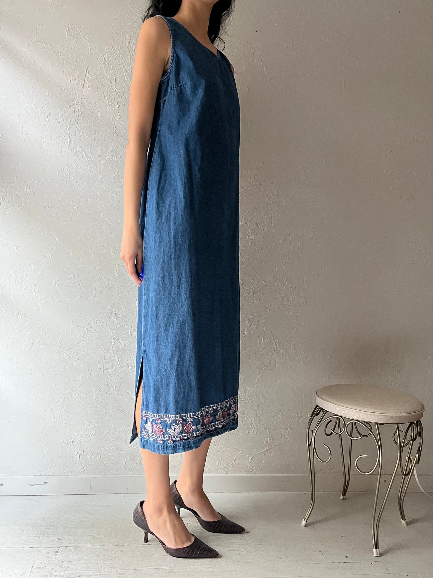 90s 'Donna Ricco' Denim Embroidered Dress / Medium