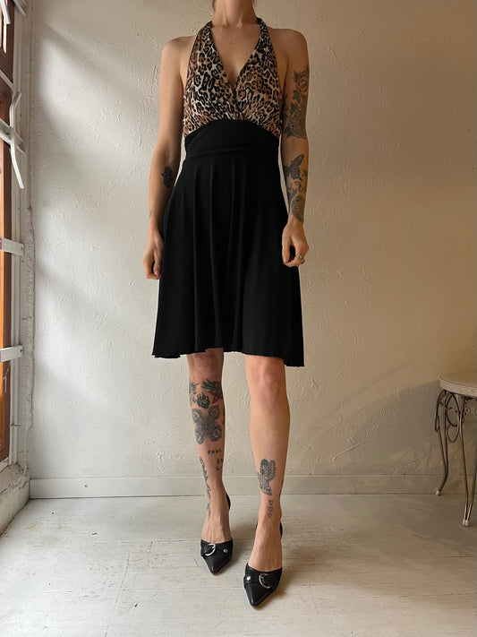 Y2k 'Jubi' Black Sliky Cheetah Halter Dress / Medium