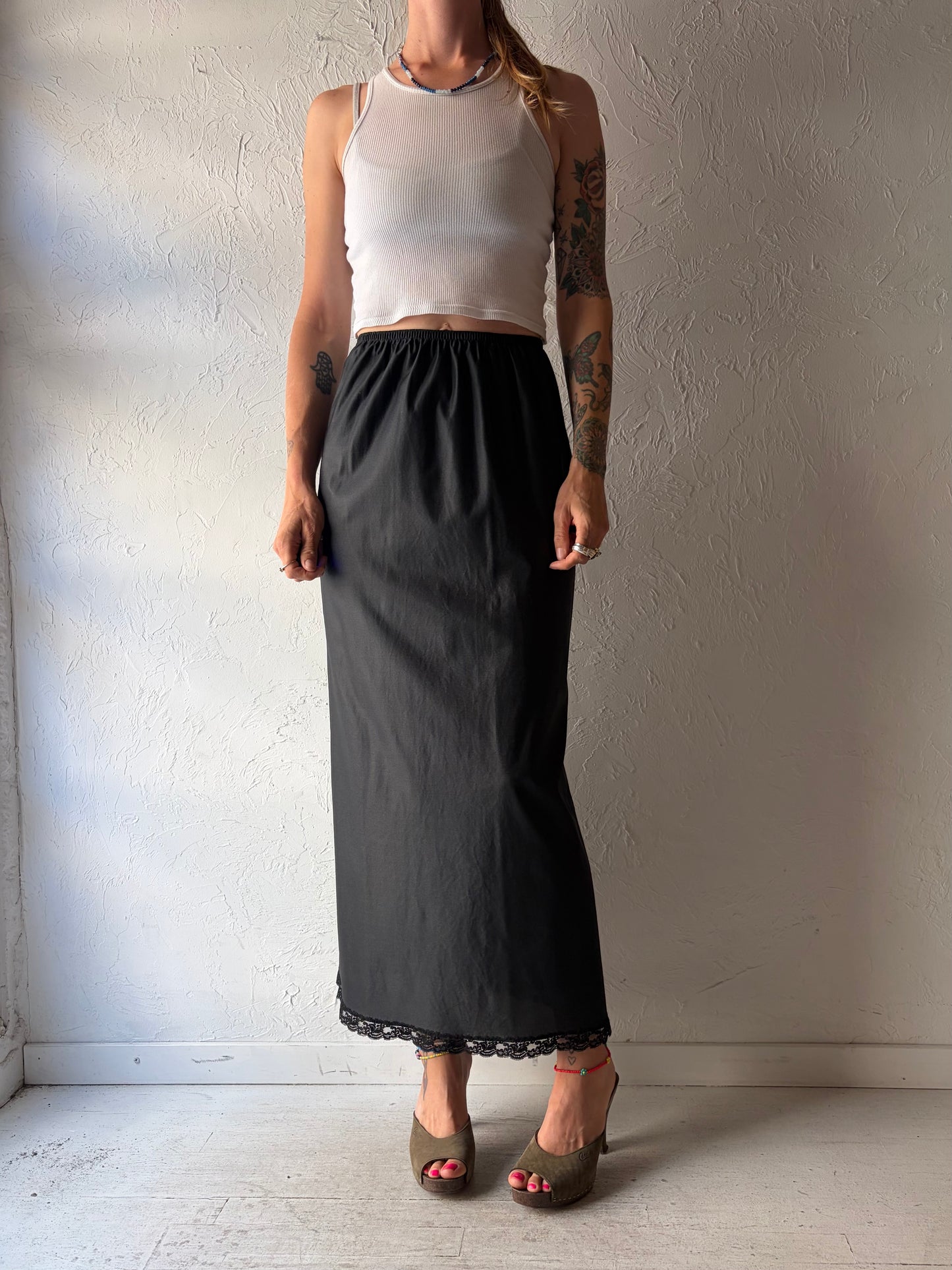 90s 'Kayser' Black Gothcore Dark Academia Maxi Slip Skirt / Small - Medium