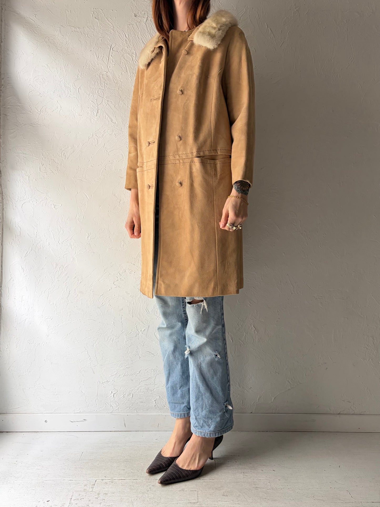 70s Tan Almost Famous Fur Collar Suede Coat  / Vintage Penny Lane Style Leather Jacket / Small