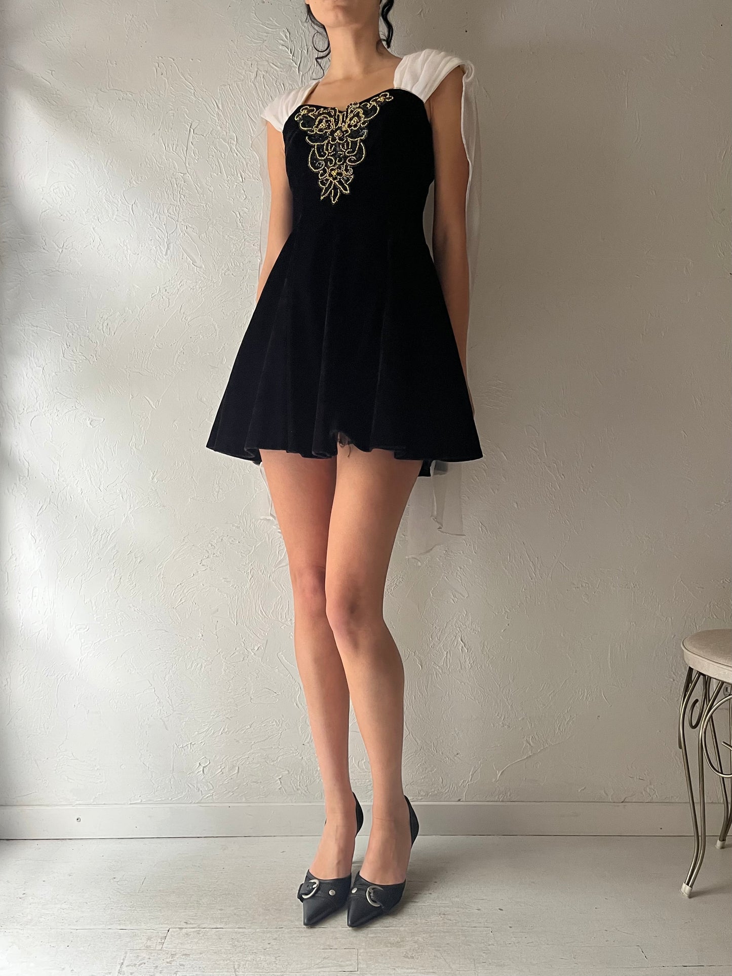 80s 'Dollar' Black Velvet Formal Mini Dress / Small