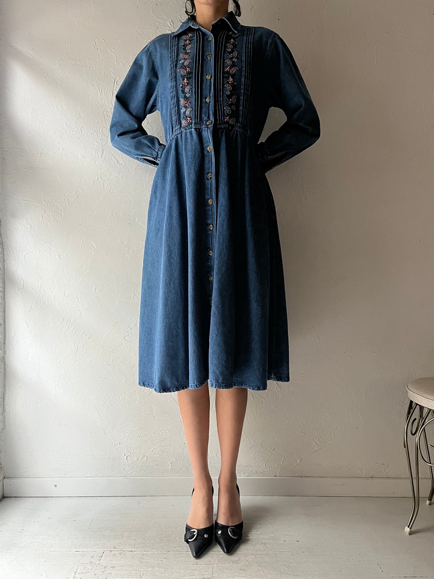 90s 'Talbots' Collared Denim Midi Dress / Small