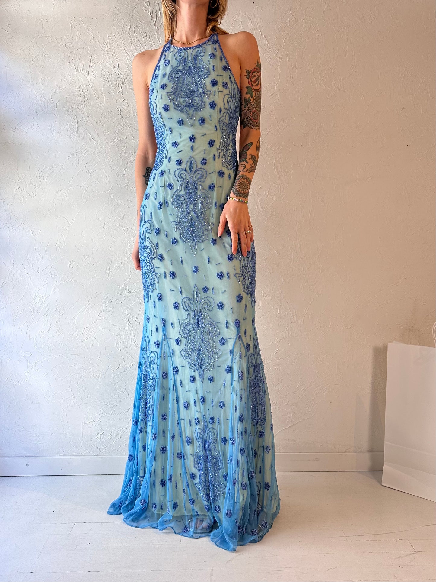 Y2k 'Sean Collection' Blue Beaded Backless Gown / Small