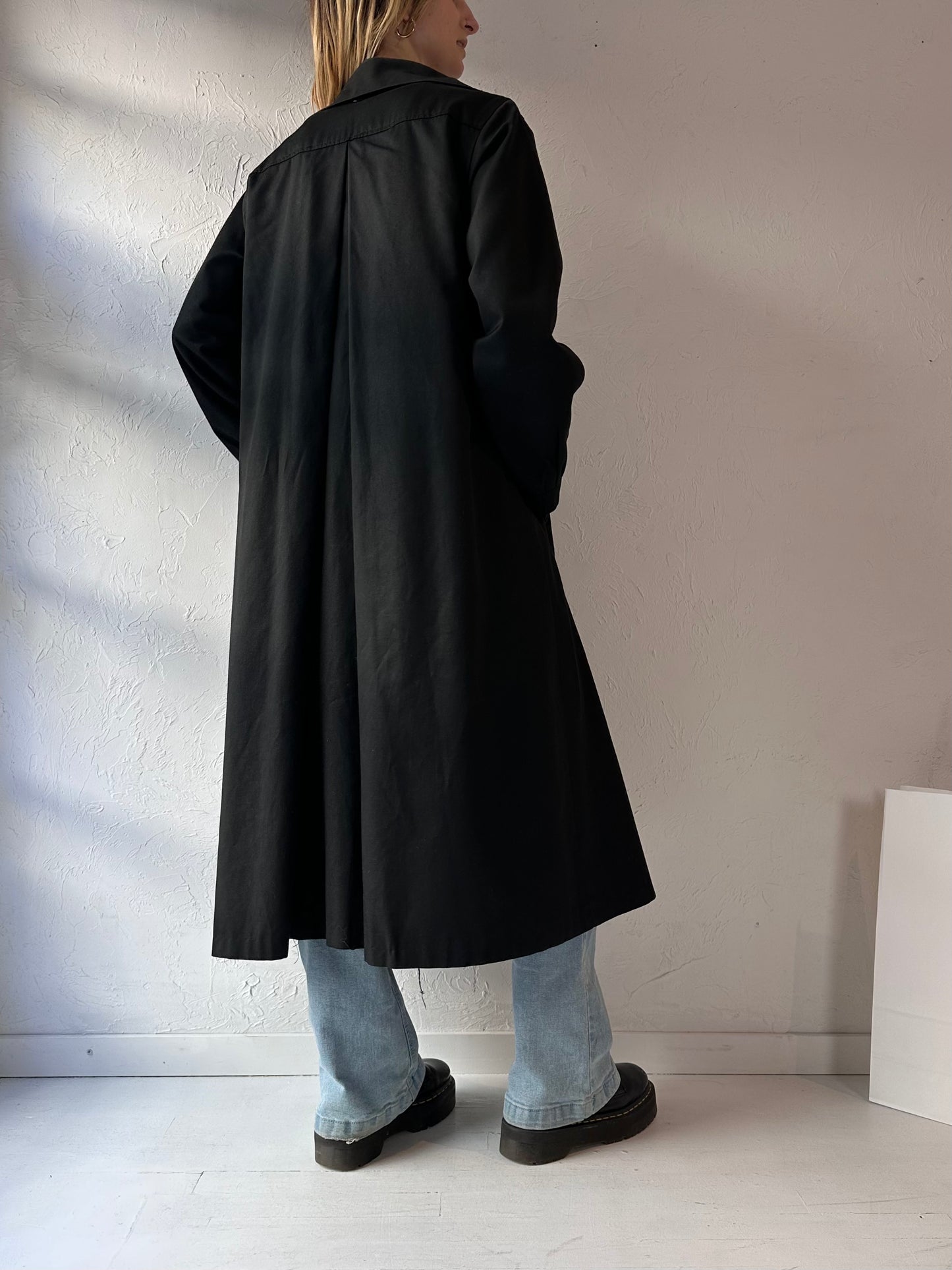 80s Black Faux Fur Lined Trench Coat / Union Made / Small