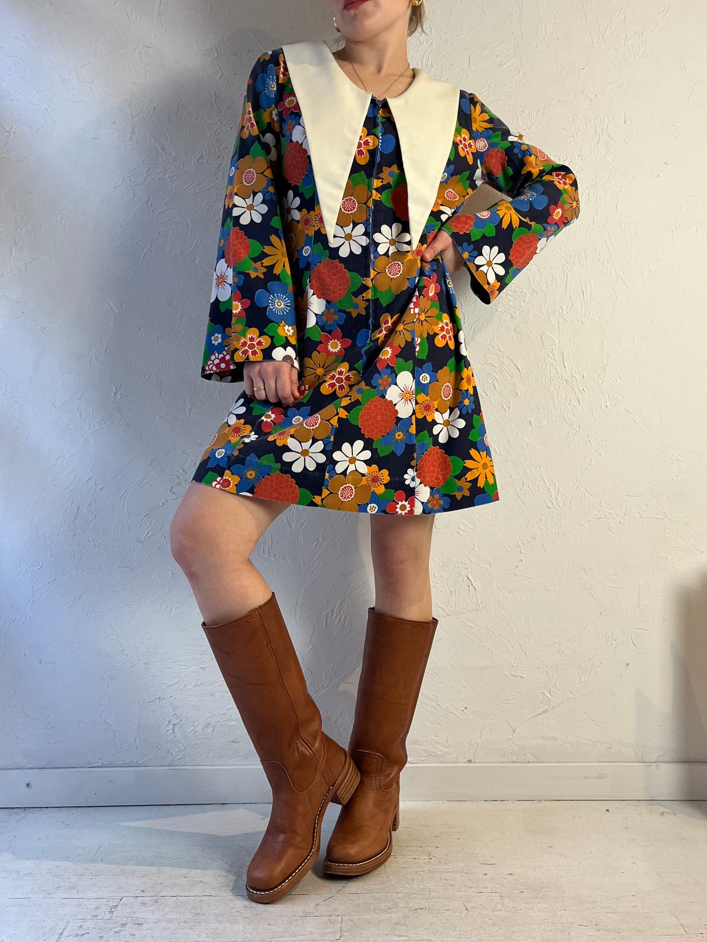 70s 'Sears' Floral Print Long Sleeve Mini Dress / Small