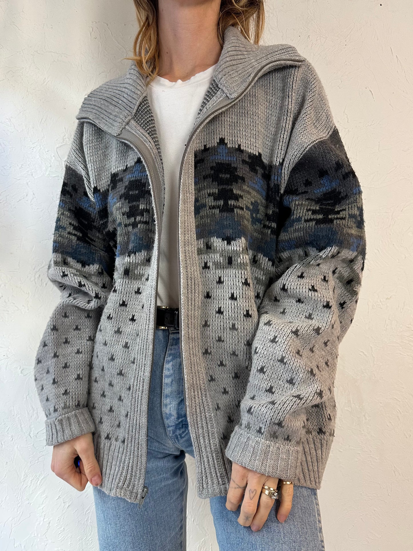 90s 'London Fog' Gray Acrylic Knit Zip Up Cardigan Sweater / Large