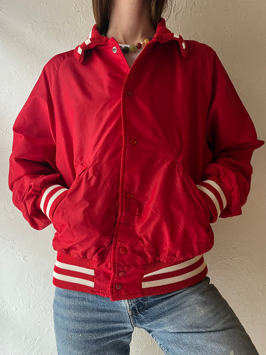 70s 'Pla-Jac' Red Varsity Embroidered Car Graphic Retro Workwear Snap Up Bomber Jacket / Medium