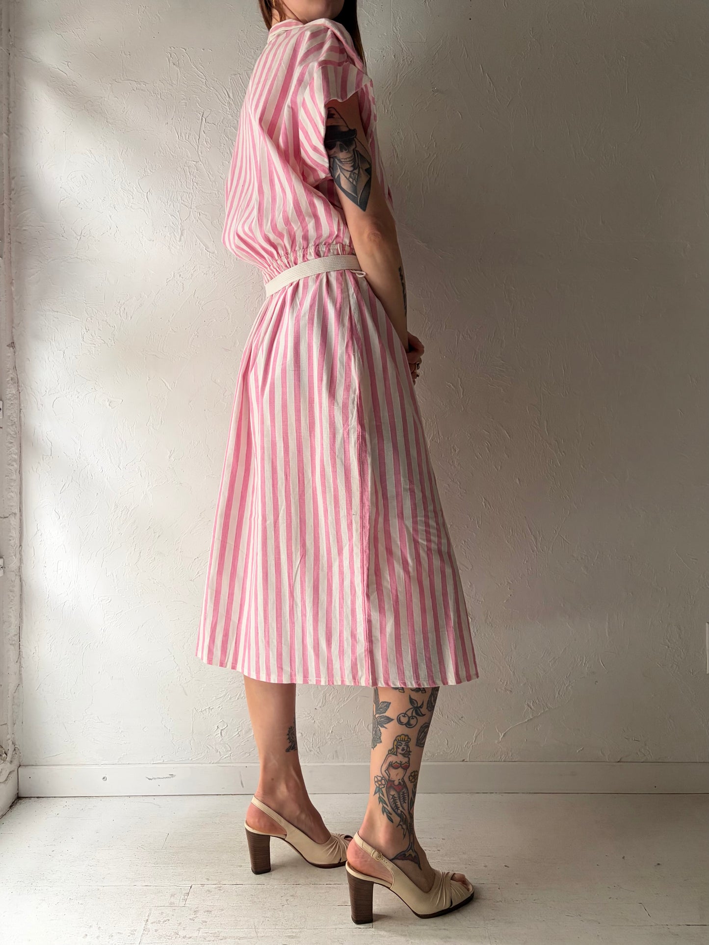 90s 'Sears Traditions' Dead Stock Vintage Pink Striped Collared Spring Dress / XL