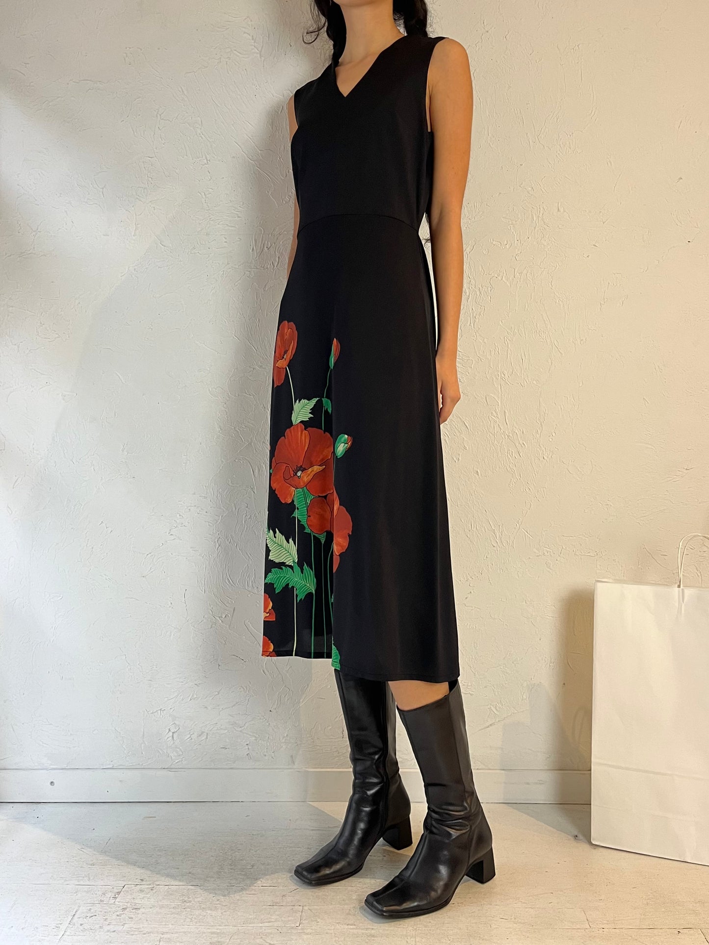 90s ‘Ein Fink Model’ Black Floral Midi Dress / Large