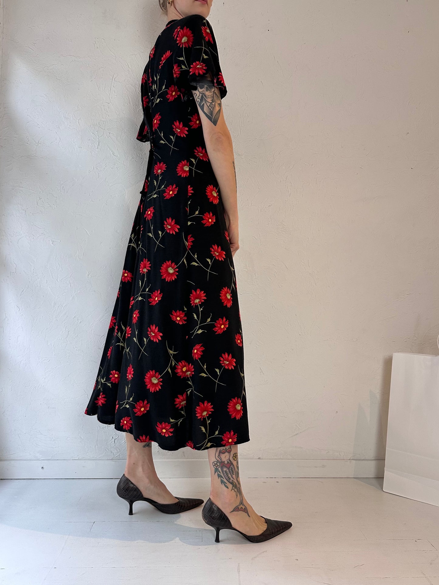 90s 'Jessica' Black Floral Print Rayon Dress / Small - Medium