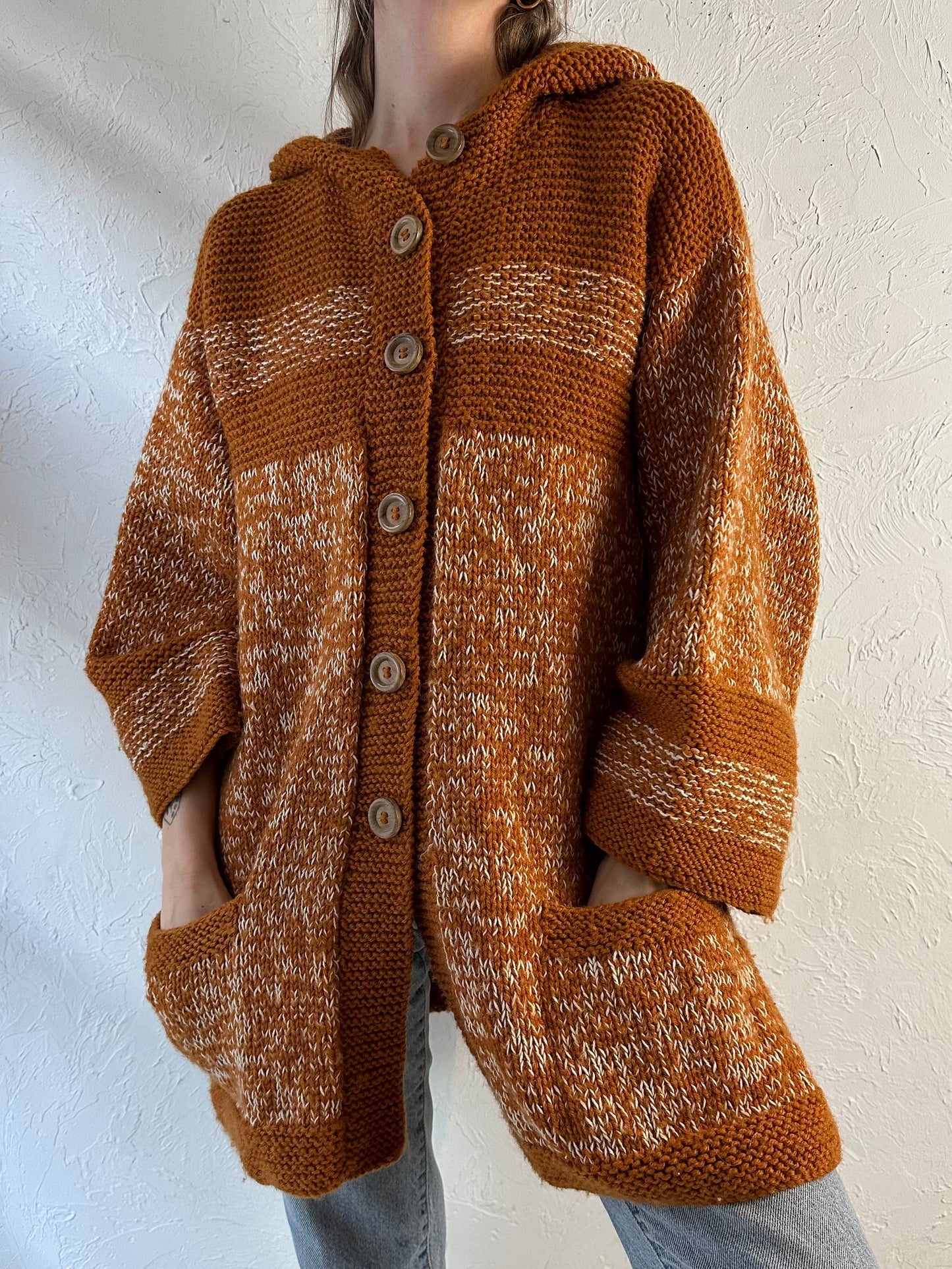 Vintage Orange Hand Knit Hooded Sweater / Medium