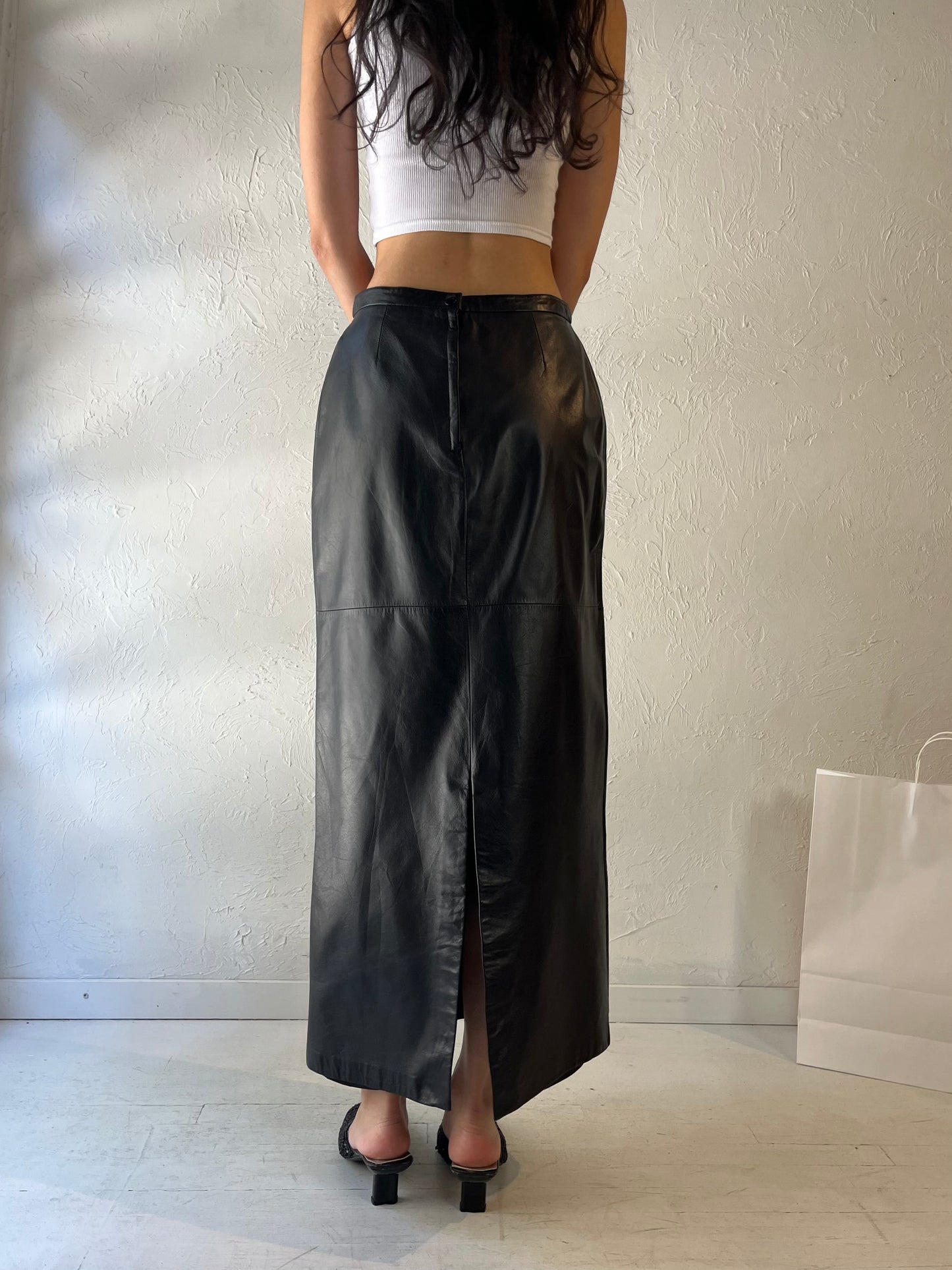 90s 'Danier' Long Black Leather Pencil Skirt / Small - Medium