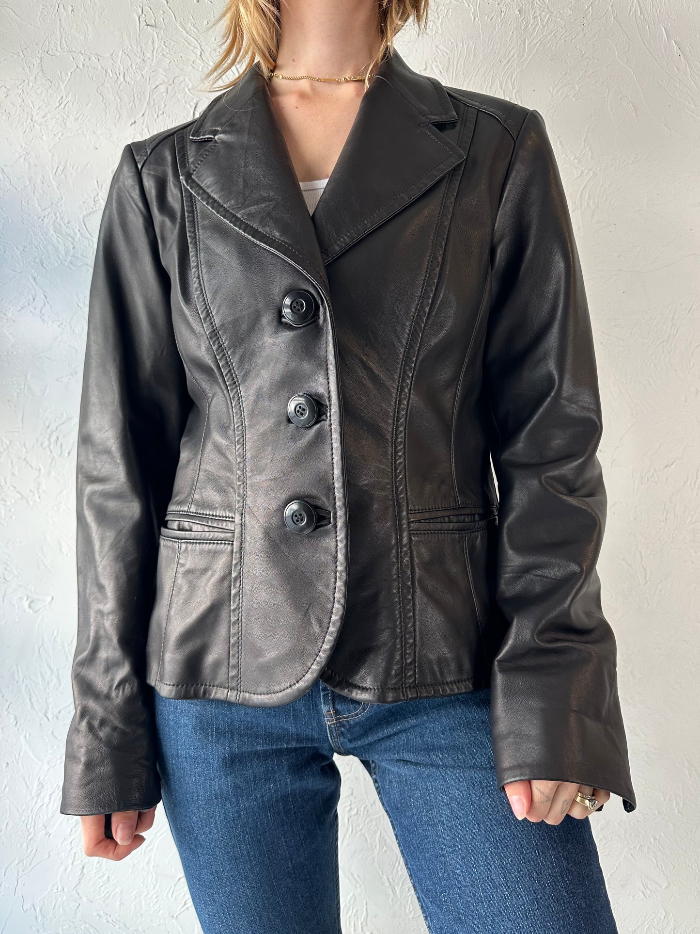 90s 'Danier' Black Leather Jacket / Large