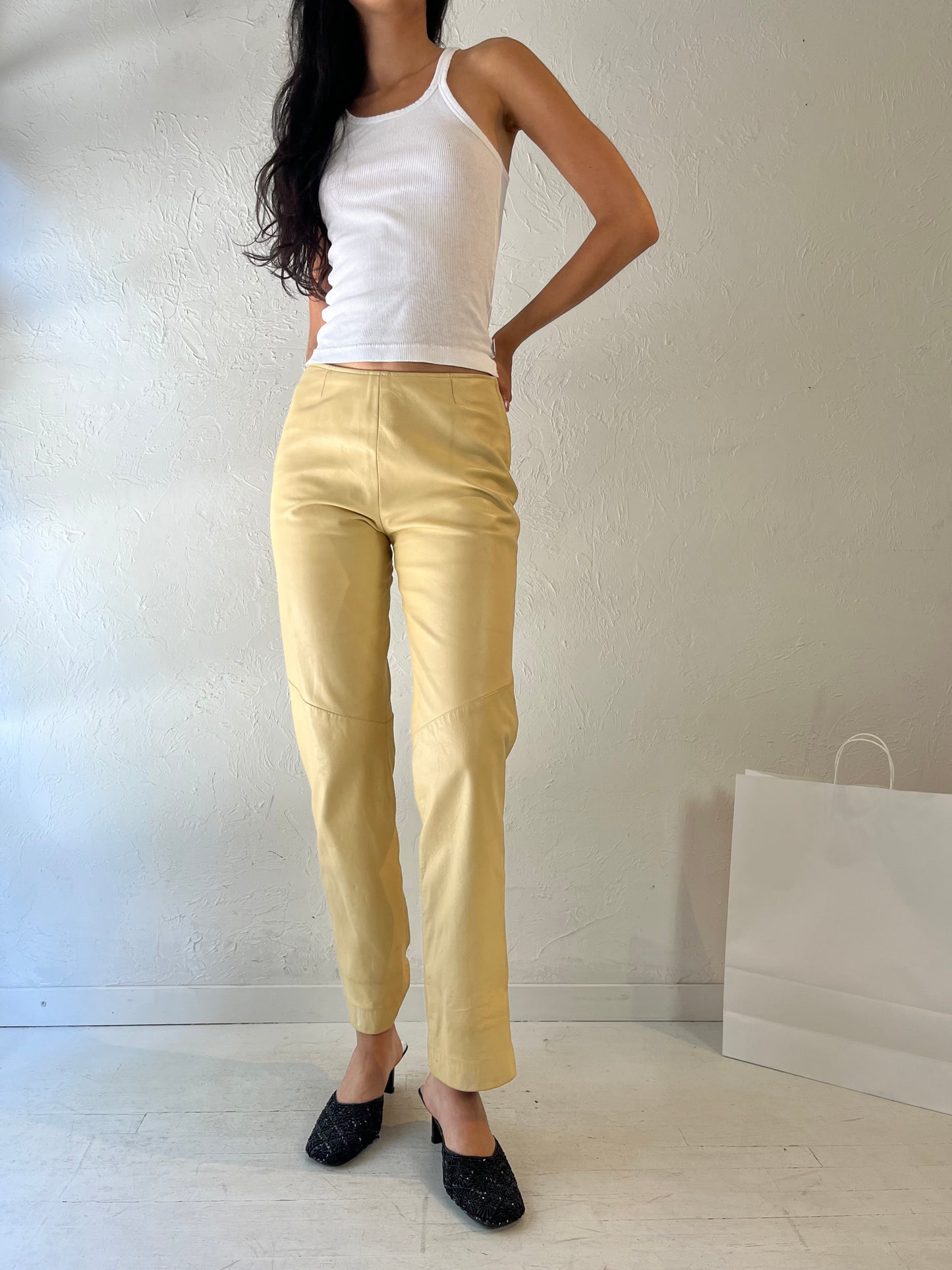 90s 'Danier' Beige Leather Pants / Small - Medium