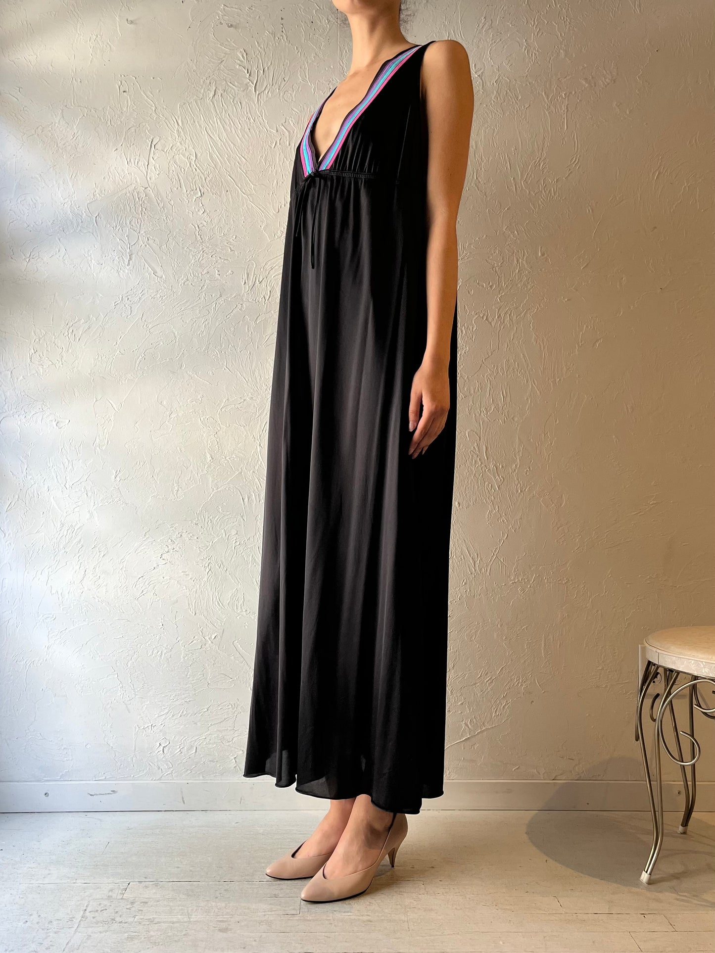90s Black Nylon Romantic Lingerie Slip Maxi Dress / Large