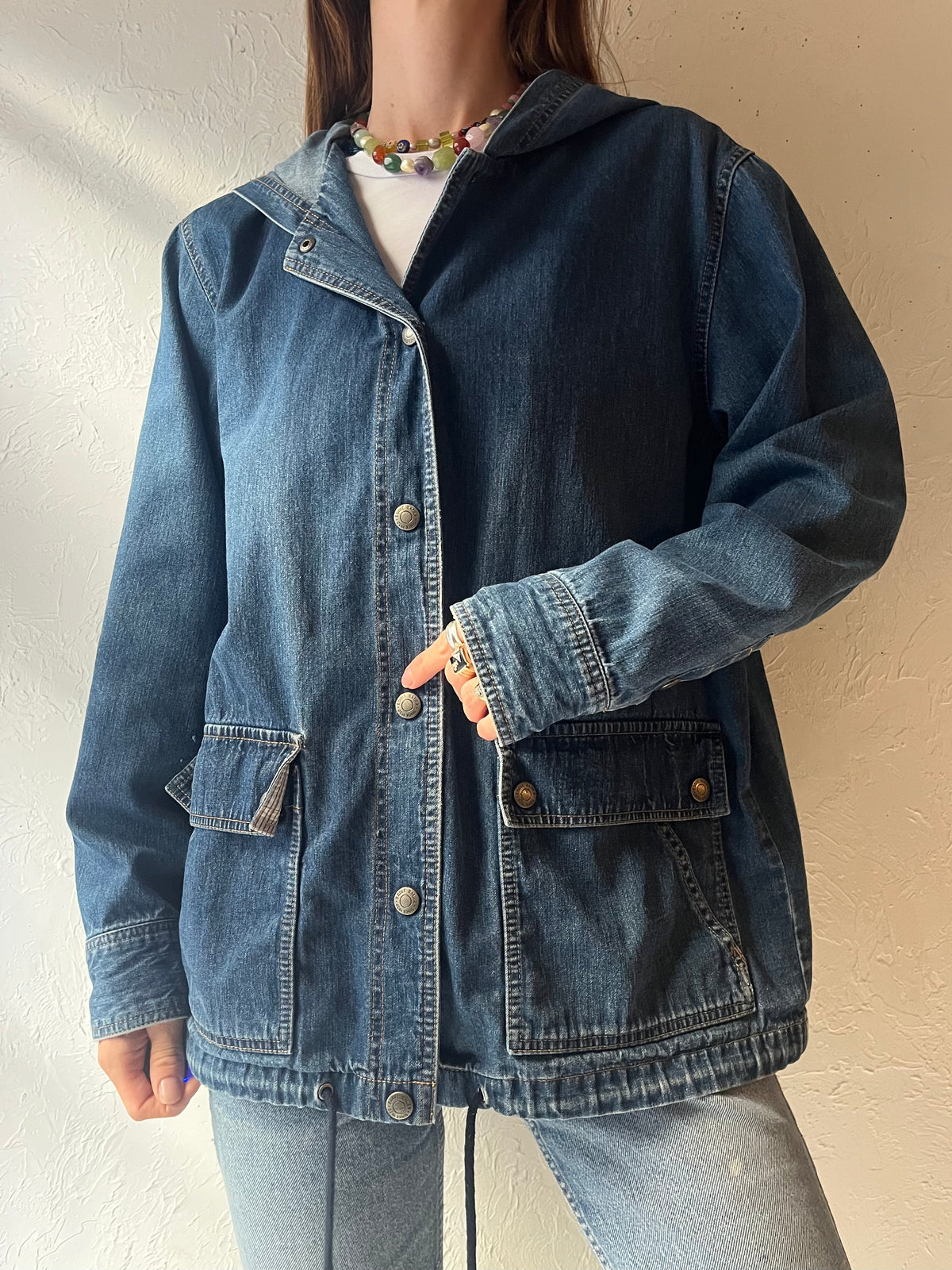 Y2k ‘Eddie Bauer’ Blue Denim Plaid Lined Chore Workwear Utility Jean Jacket / Medium
