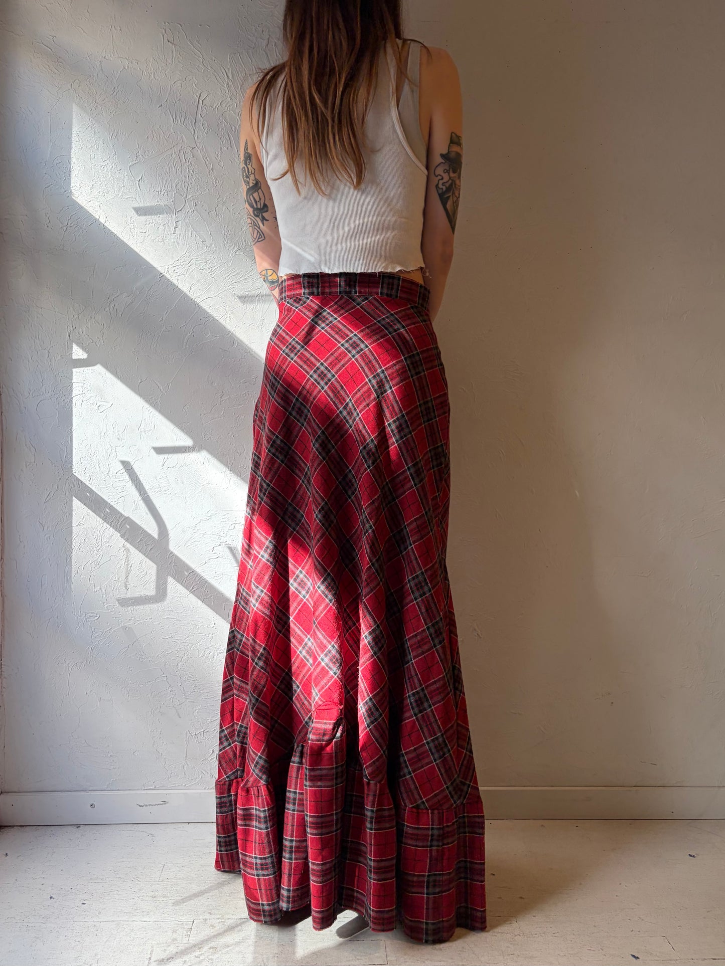 Vintage Handmade Wool Plaid Maxi Skirt / Medium