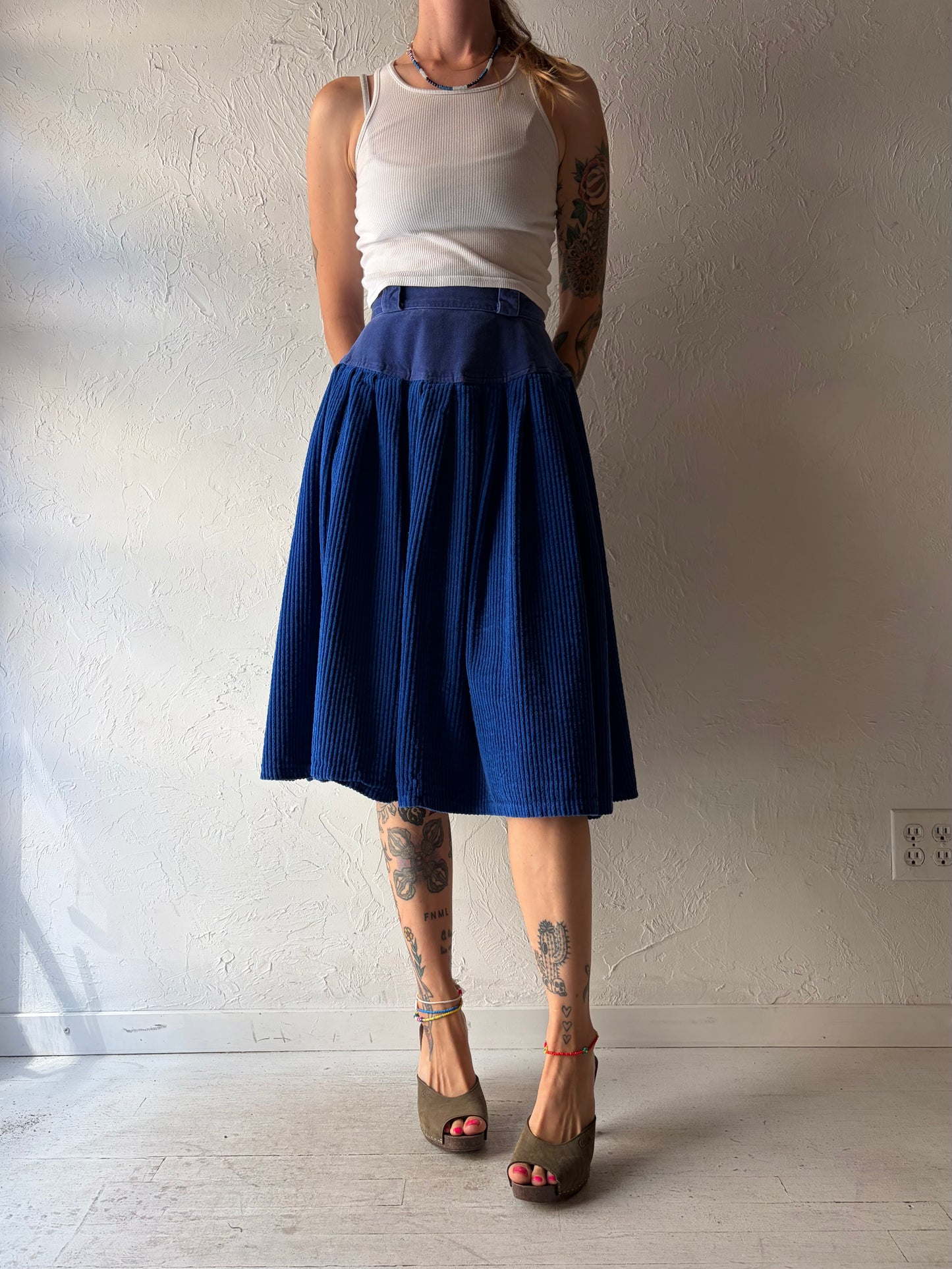 90s 'Together' Blue Corduroy Retro High Rise Midi Fall Skirt / Small