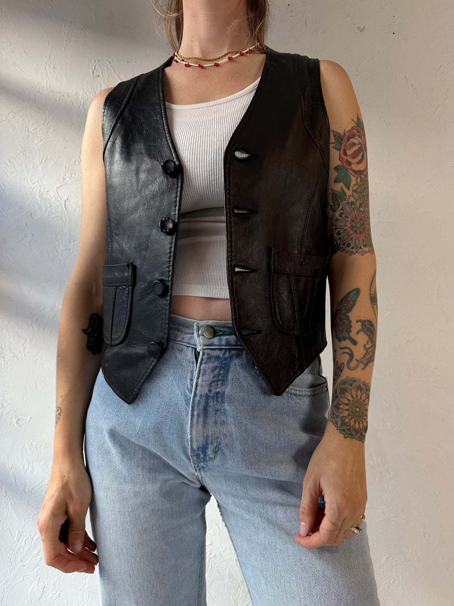 90s 'Outlook' Black Leather Vest / Small