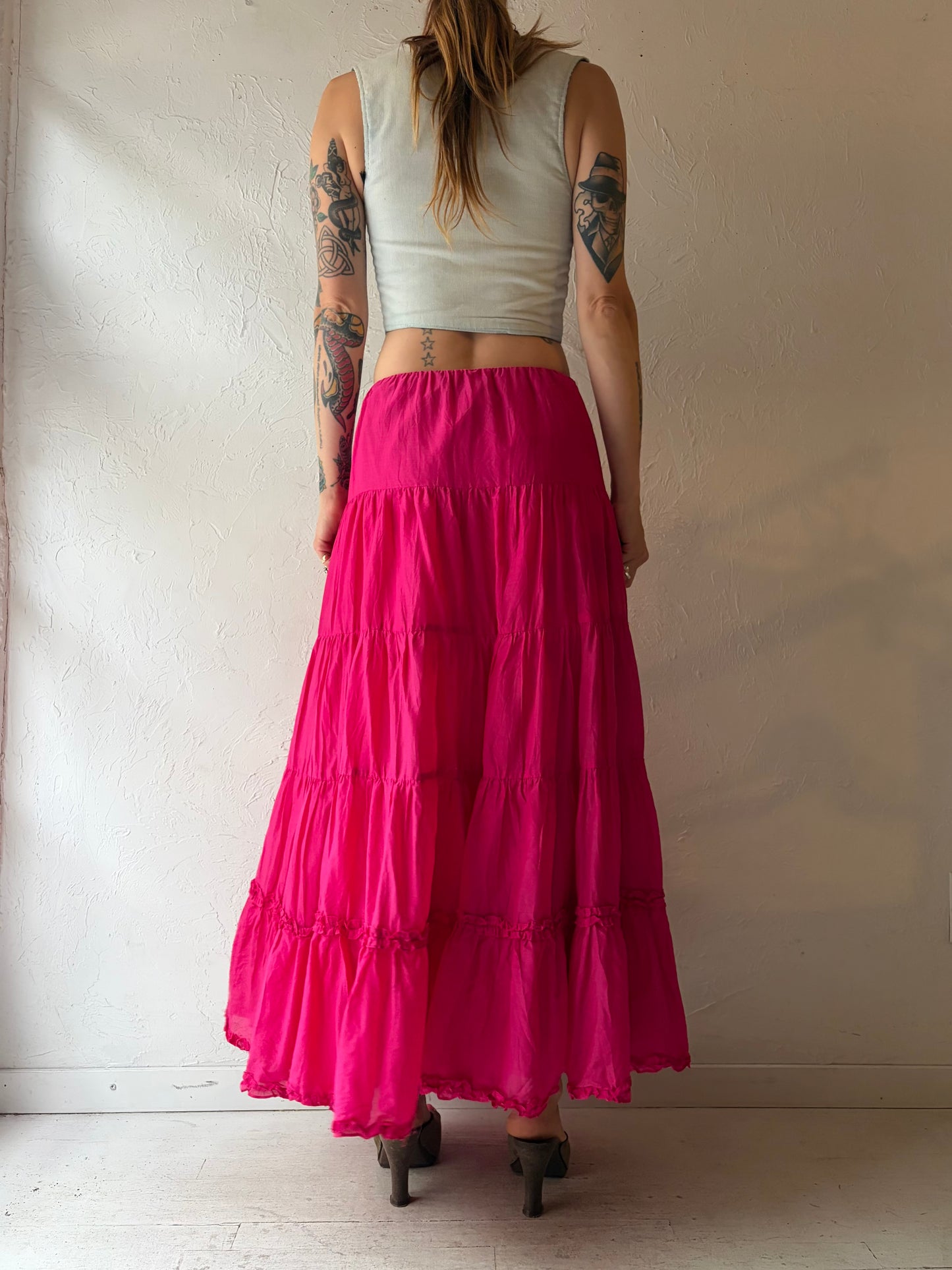 Y2k 'Ralph Lauren' Hot Pink Tiered Maxi Skirt / Small