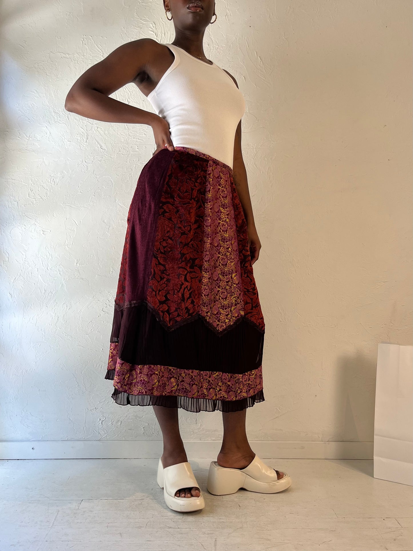 90s 'April Cornell' Burgundy Midi Skirt / Medium