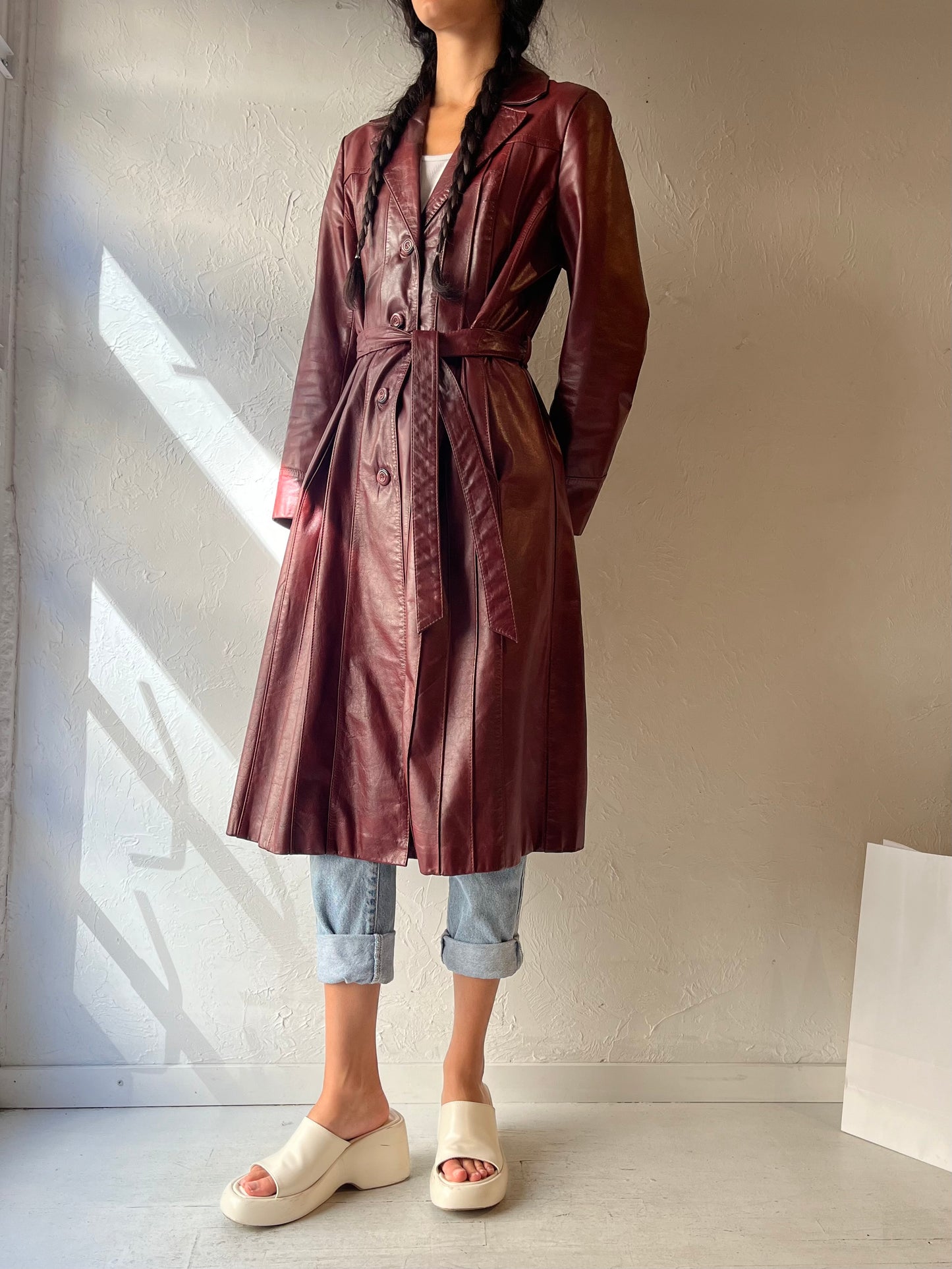 90s 'Wilsons' Burgundy Leather Trench Coat / Medium