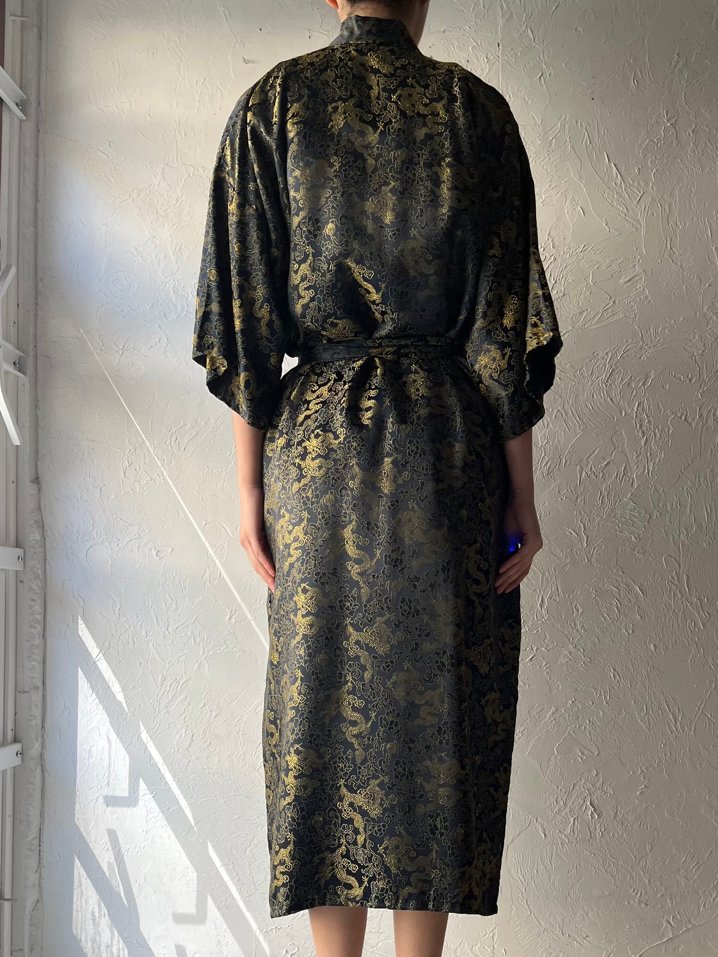 Vintage Dragon Print Robe / Navy Kimono Style Robe / Large