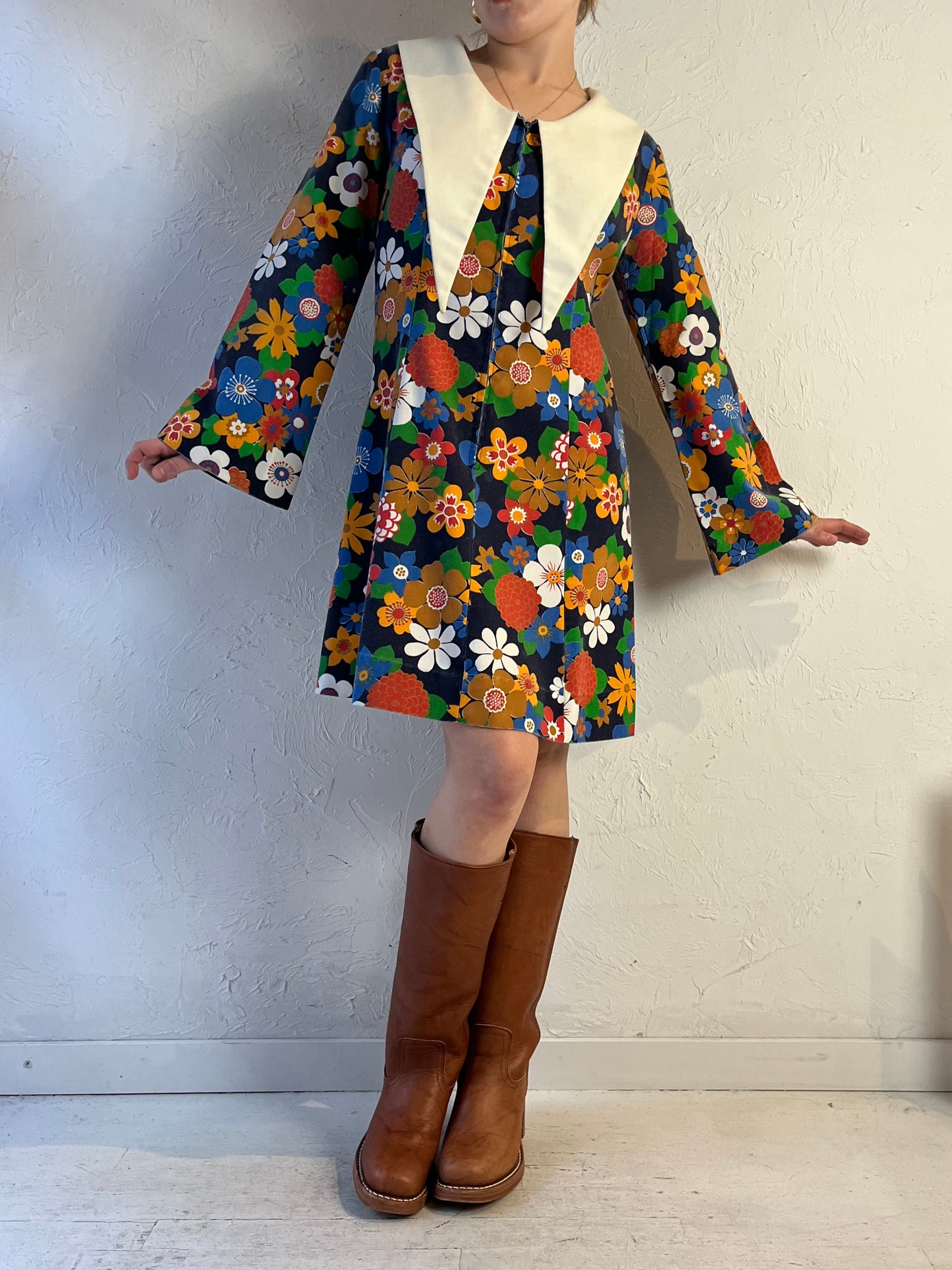 70s 'Sears' Floral Print Long Sleeve Mini Dress / Small