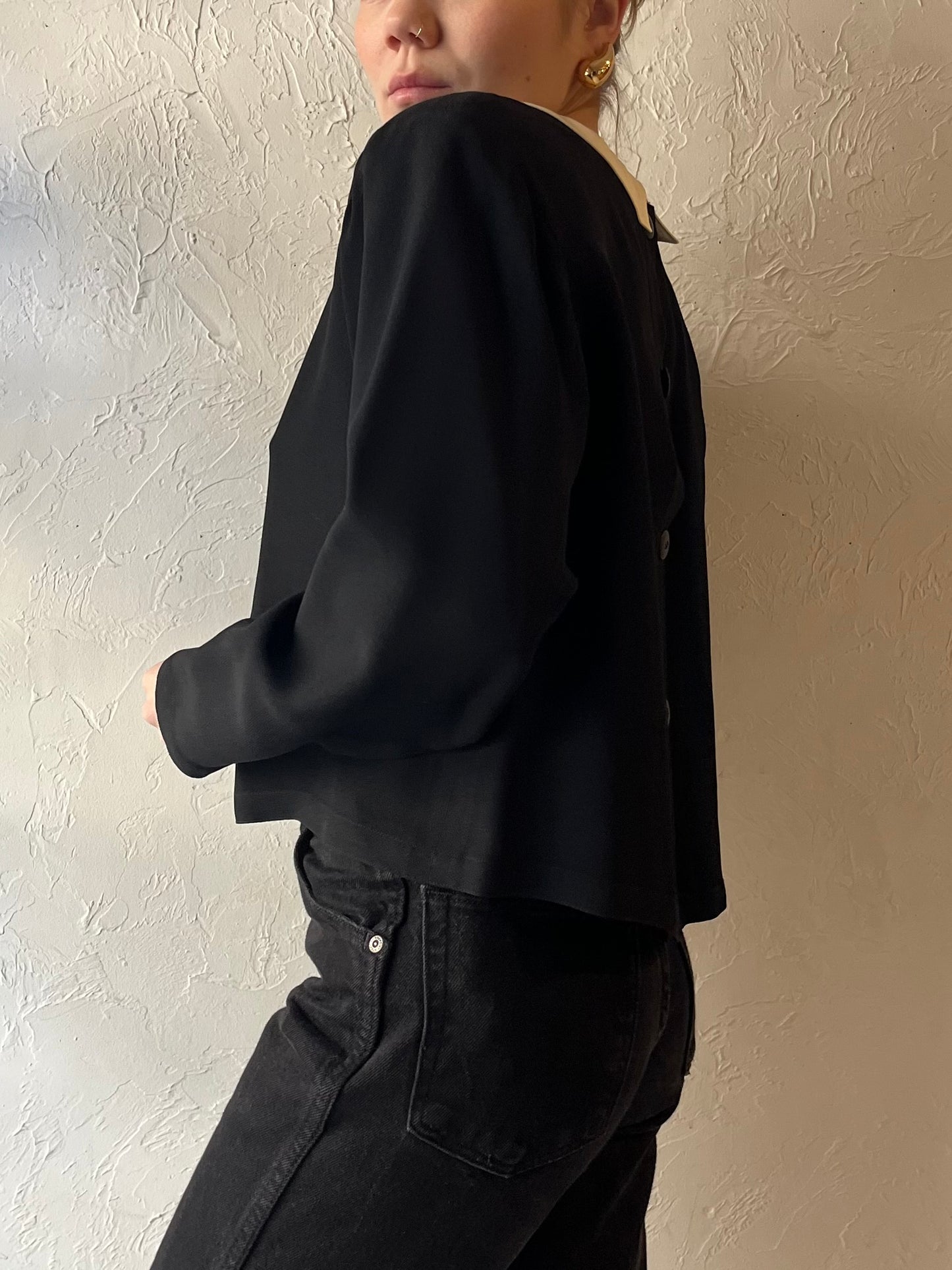 90s ‘Albert Nipon’ Black Collared Long Sleeve Blouse / Small