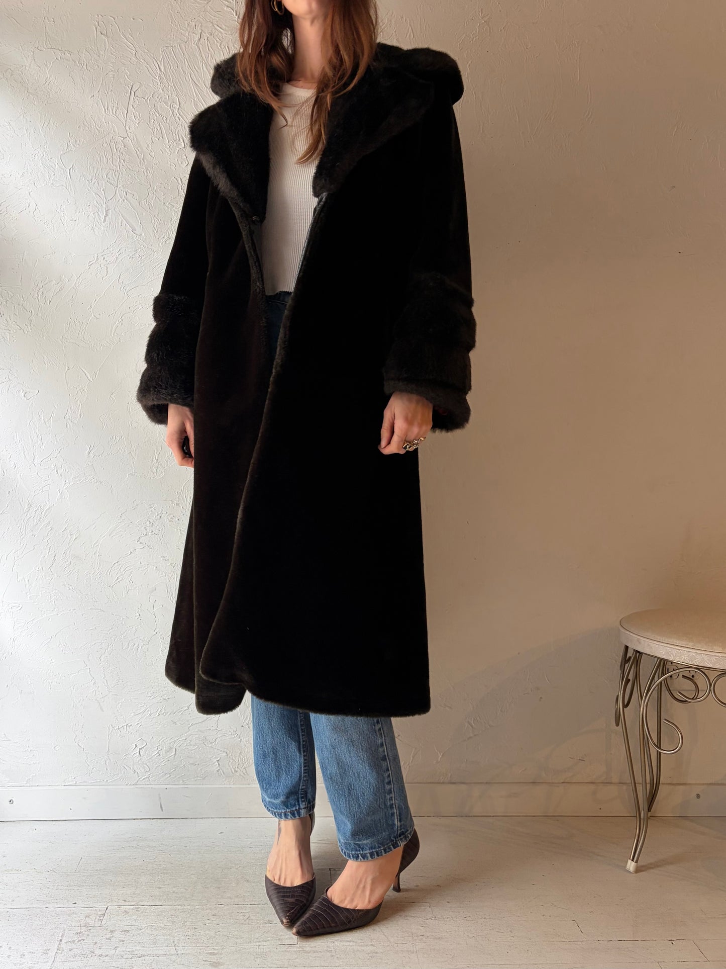 Vintage Hooded Brown Faux fur Coat / Medium