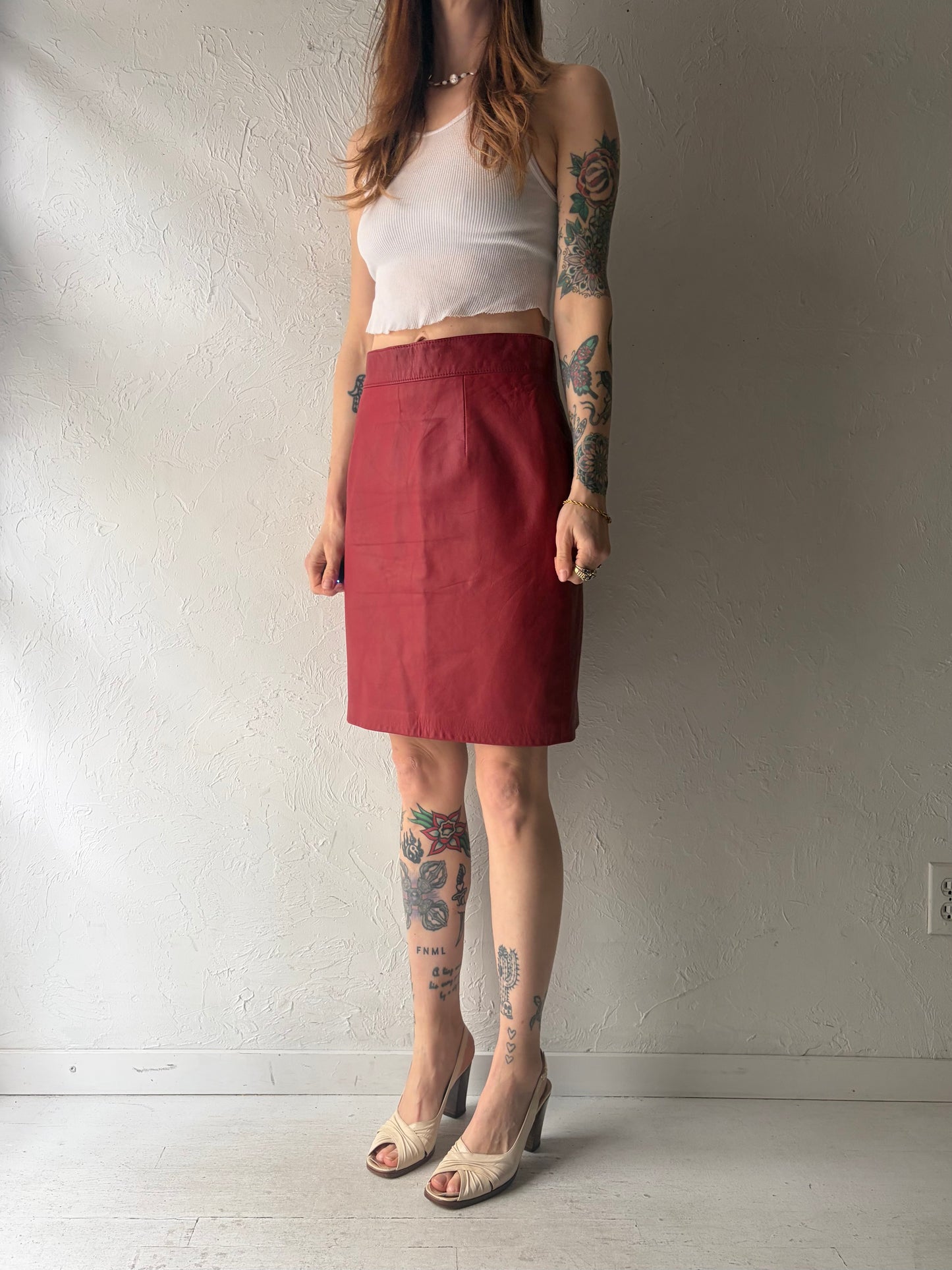 90s 'Danier' Red Leather Retro Pencil Mini Skirt / Medium