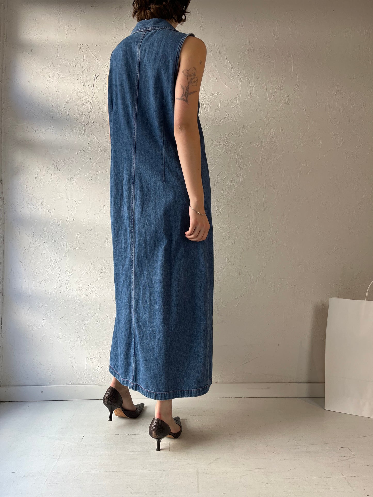 90s 'Studio Ease' Embroidered Denim Maxi Dress / Large