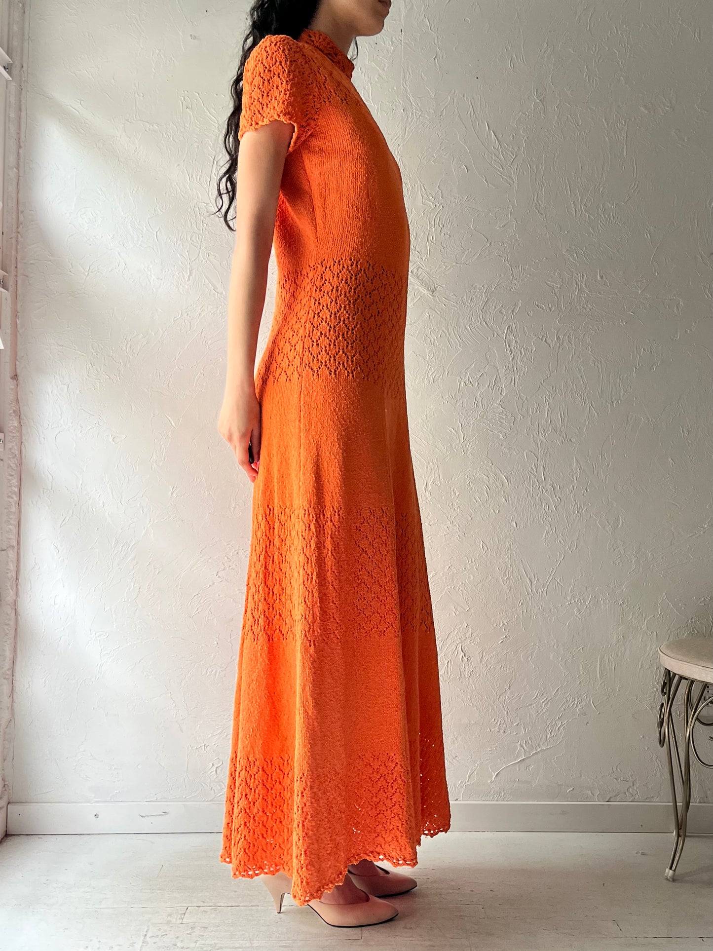 80s Vintage Orange Retro Boho Knit Maxi Dress / Medium