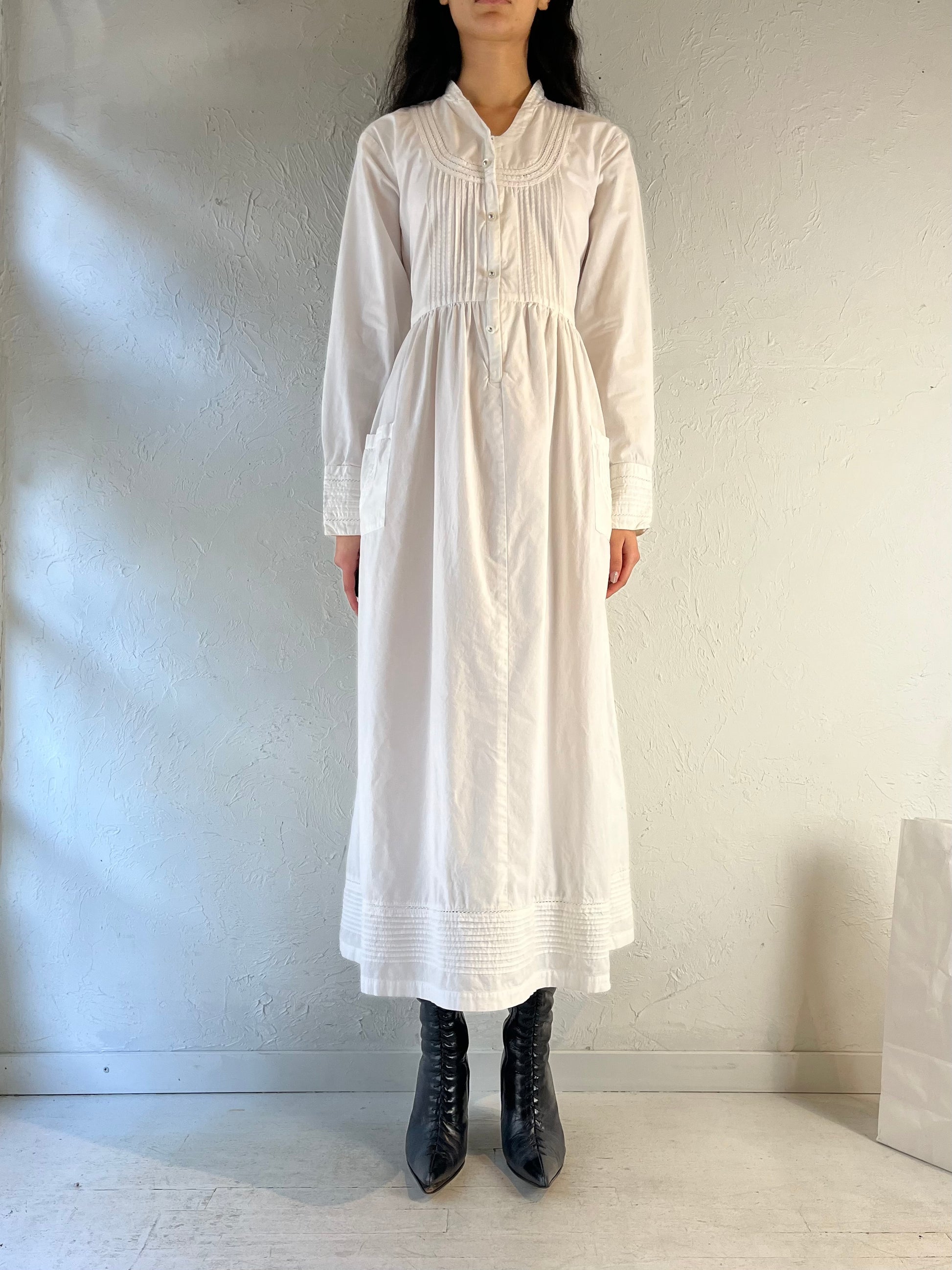 90s ‘Dressed In White’ Long Sleeve White Cotton Dress / Medium