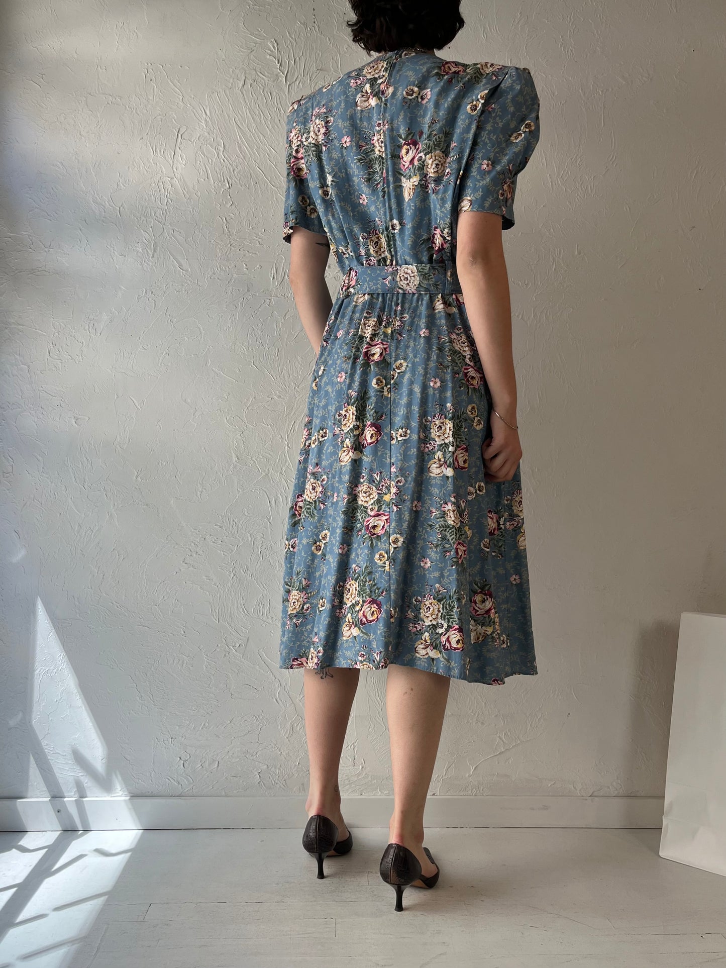 80s 'SL Petites' Blue Floral Print Collared Dress / Medium